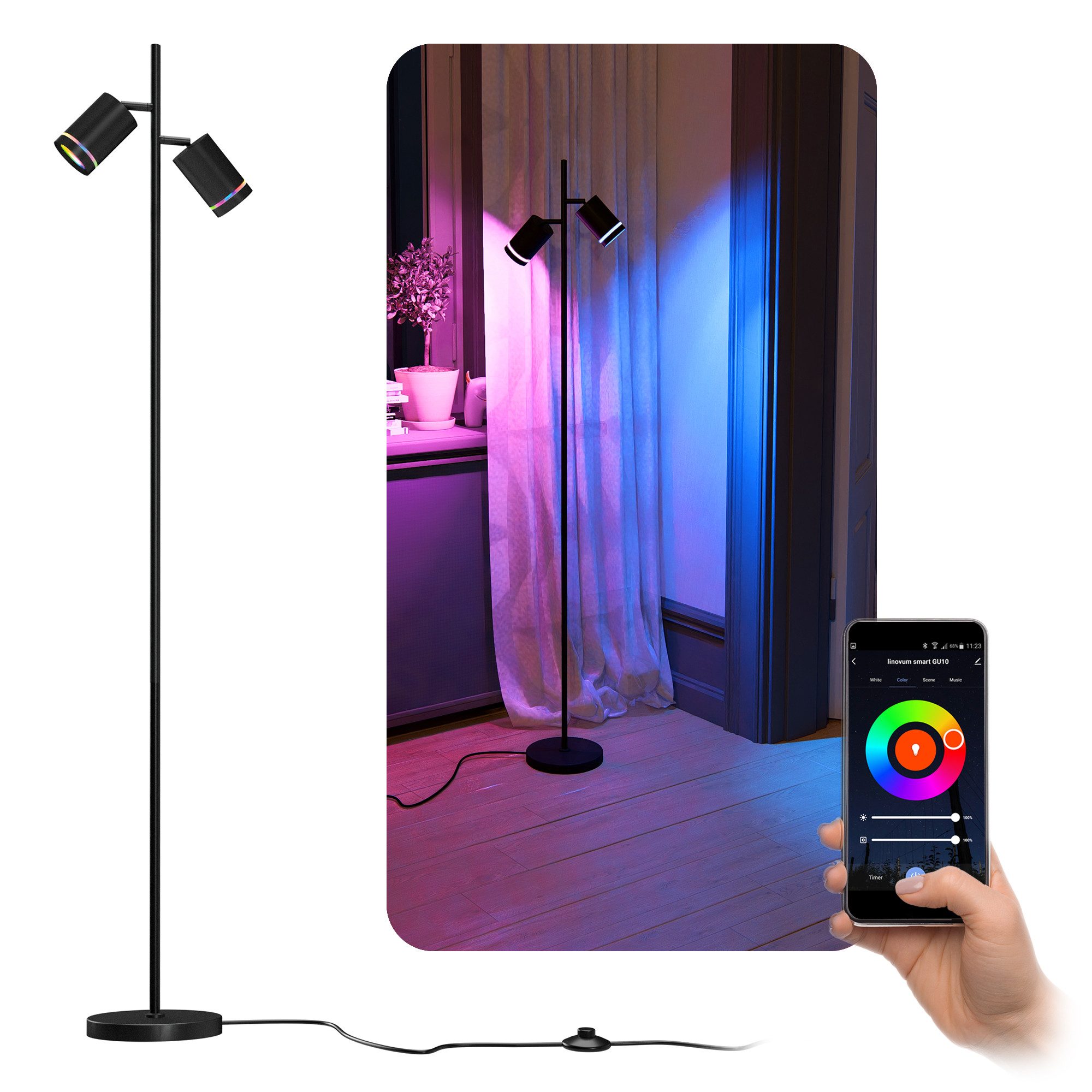 linovum LED Spiegelleuchte TAVIRA Stehlampe schwarz 2-flammig Smart GU10 LED WLAN RGB Bodenlampe, Smart