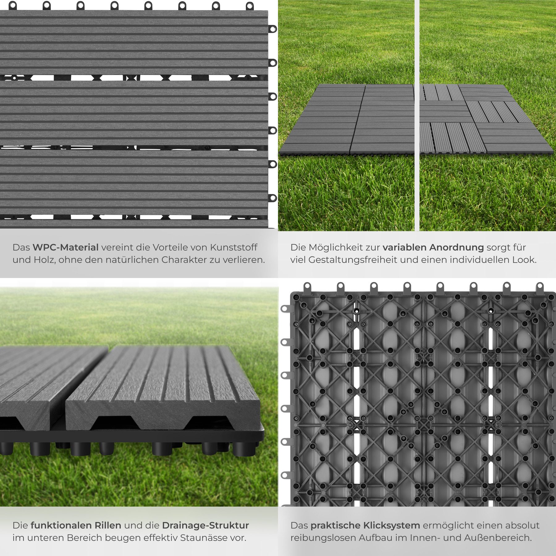 tectake Terrassendielen Terrassenfliesen 11er Set im Klicksystem, 31 x 31 x 2,2 cm, 1,0571 m², BxL: je 31,00x31,00 cm, (Terrassenplatten Außenbereich Tegulas, 1 – Bild 4 von 5