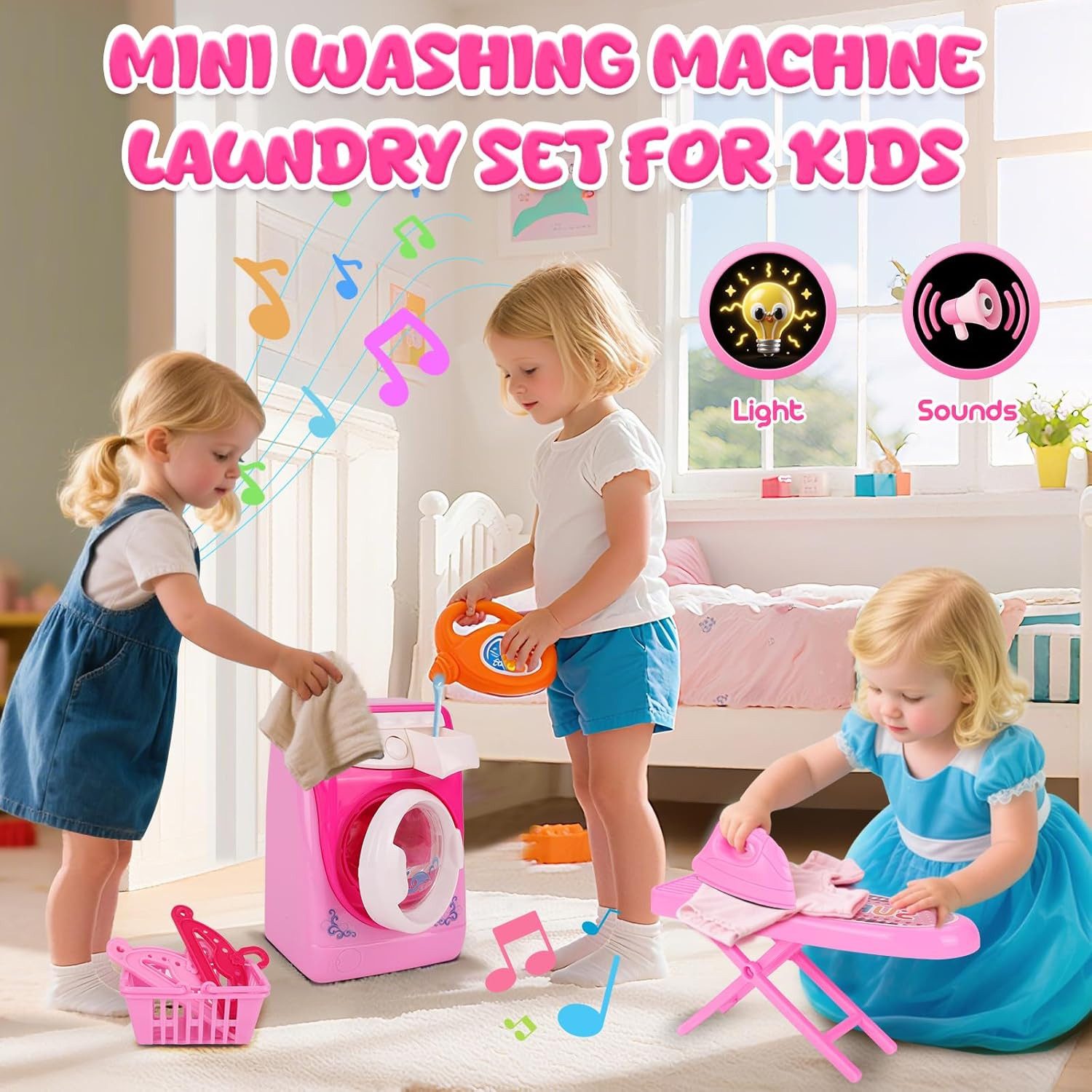 Greyghost Puppenhausmöbel Reinigungsset Spielzeug Waschmaschine Staubsauger mit Licht (Spielzeug Haushaltsgeräte Set für Rollenspiele, Puppenhaus und kreative Spiele, Kinder Putzspielzeug mit Waschmaschine, Staubsauger, Bügeleisen), Realistisches Rollenspiel, Licht & Sound, motorische Fähigkeiten