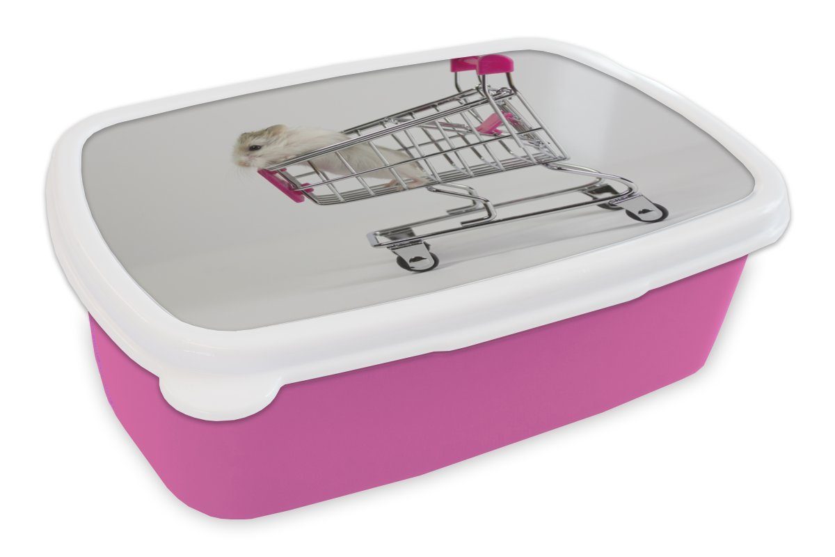 MuchoWow Lunchbox Hamster in einem Wagen, Kunststoff, (2-tlg), Brotbox für Erwachsene, Brotdose Kinder, Snackbox, Mädchen, Kunststoff rosa