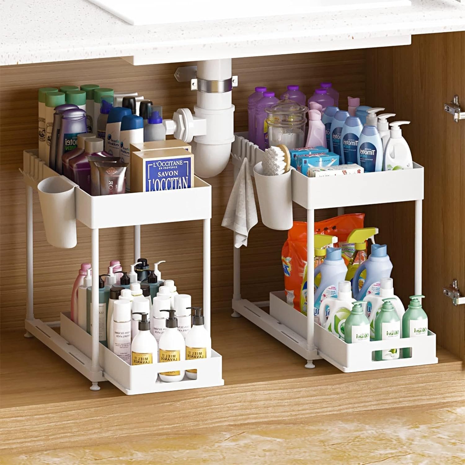 Refined Living Ablageregal Waschbecken Regal, Küchenschrank Organizer, Spülschrankregal Organizer, Lagerregal mit 2 Ebenen, mit Schiebeschublade, 4 Haken und 1  – Bild 4 von 5