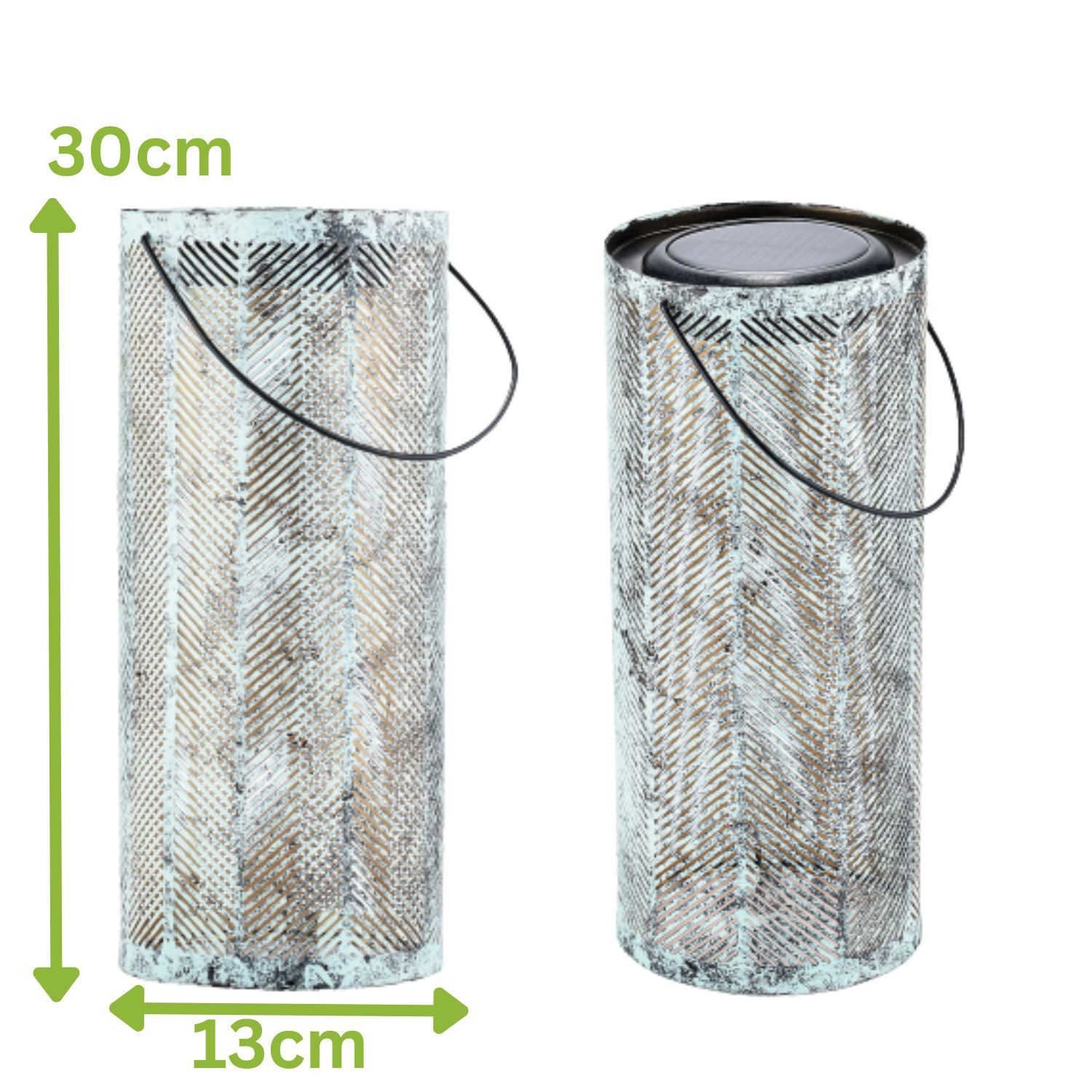 Marrakesch Orient & Mediterran Interior LED Solarleuchte 2er Set Skandinavische Solarlaterne Bamba aus Metall in Grün 30 cm, LED fest integriert, Handarbeit