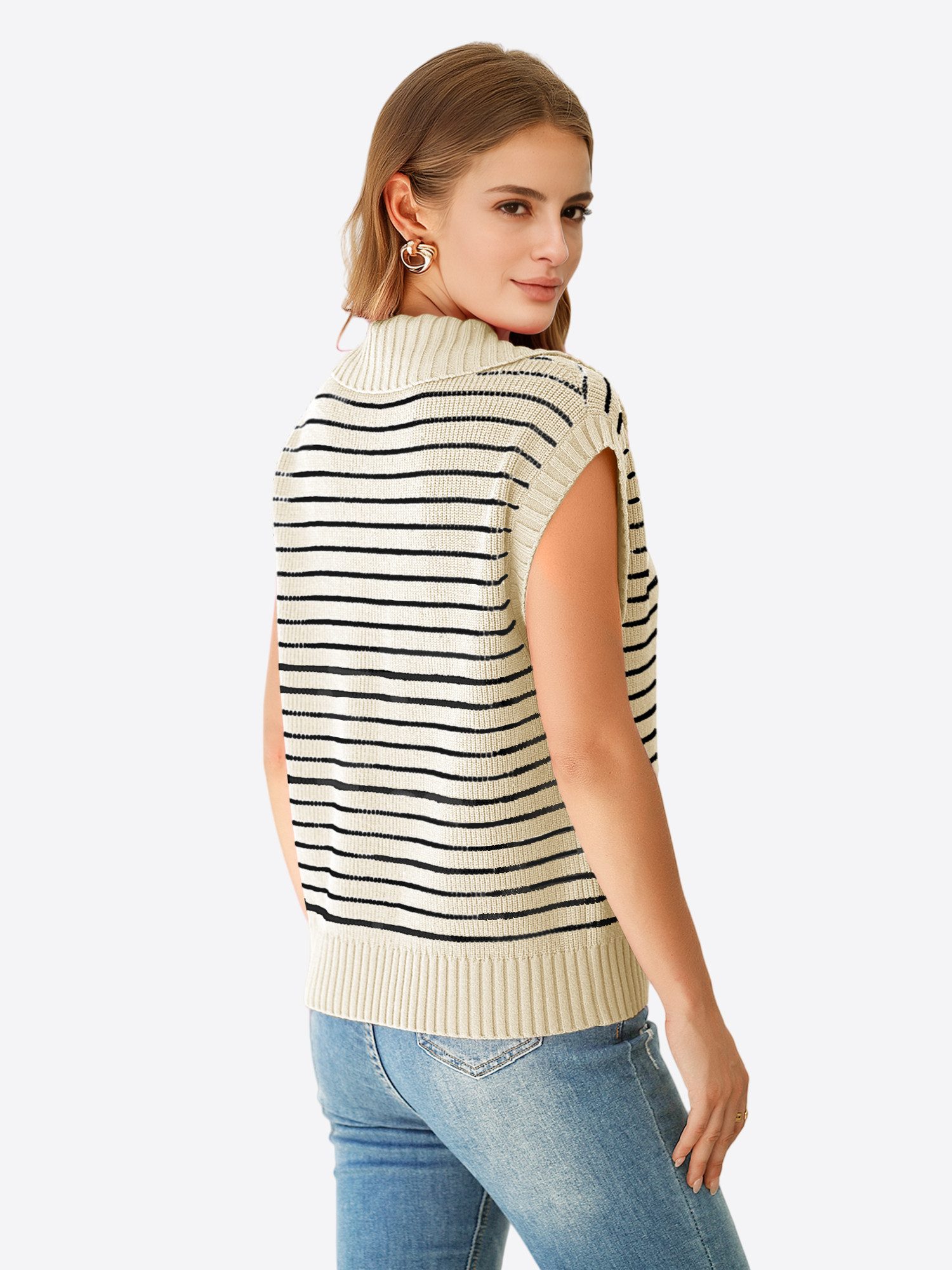 Imily Bela Stricktop Damen Sommer Gestreift Kragen V-Ausschnitt Kurzarm Top (Packung, 1-tlg., 1per-Pack) gehäkelt