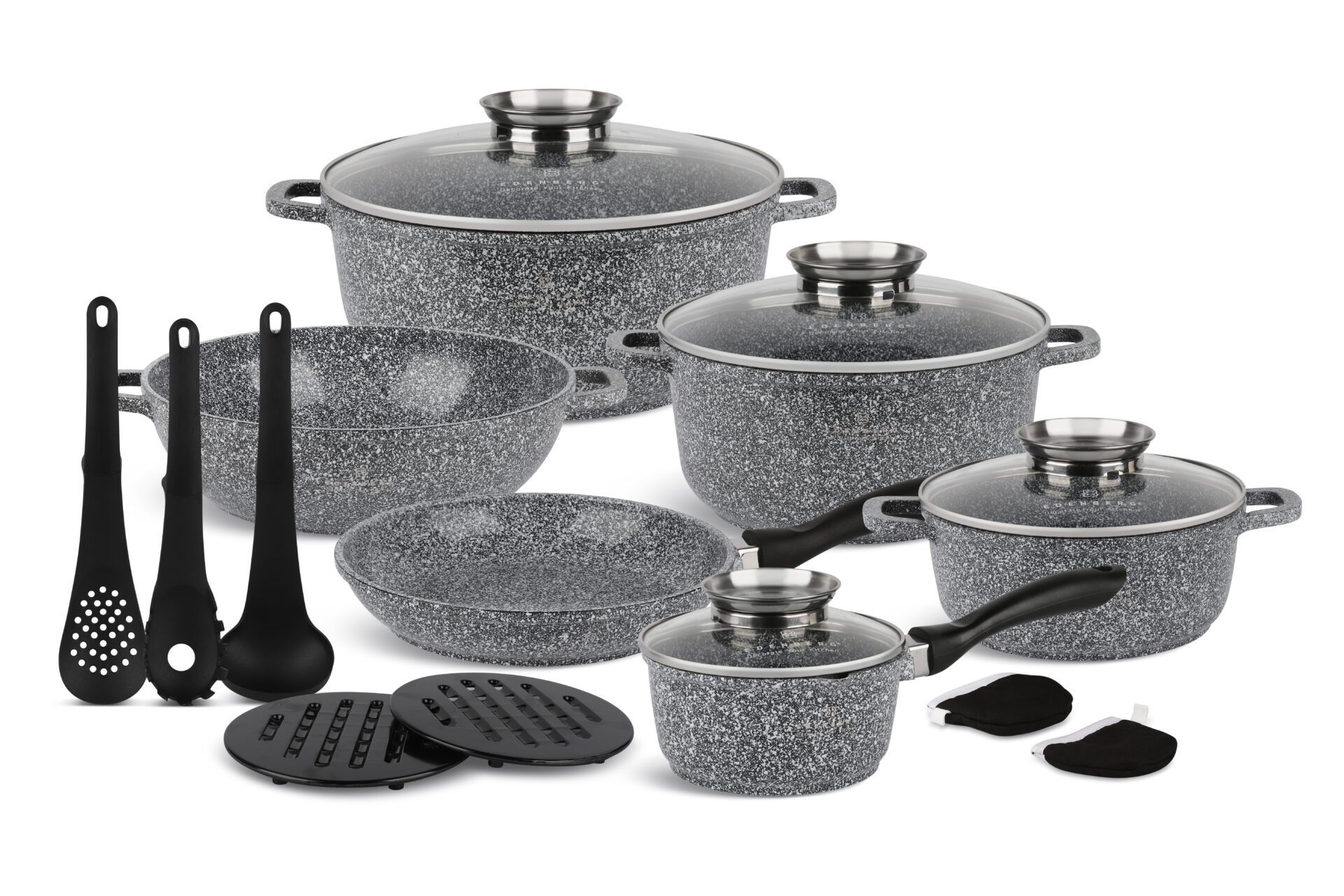 Edenberg Topf-Set Graue Töpfe Topfset Kasserolle Pfanne Keramik Induktionstöpfe, Aluminium, Keramik (15-tlg., Zeitloses Design des Topfsets. Eine ideale Geschenkidee)