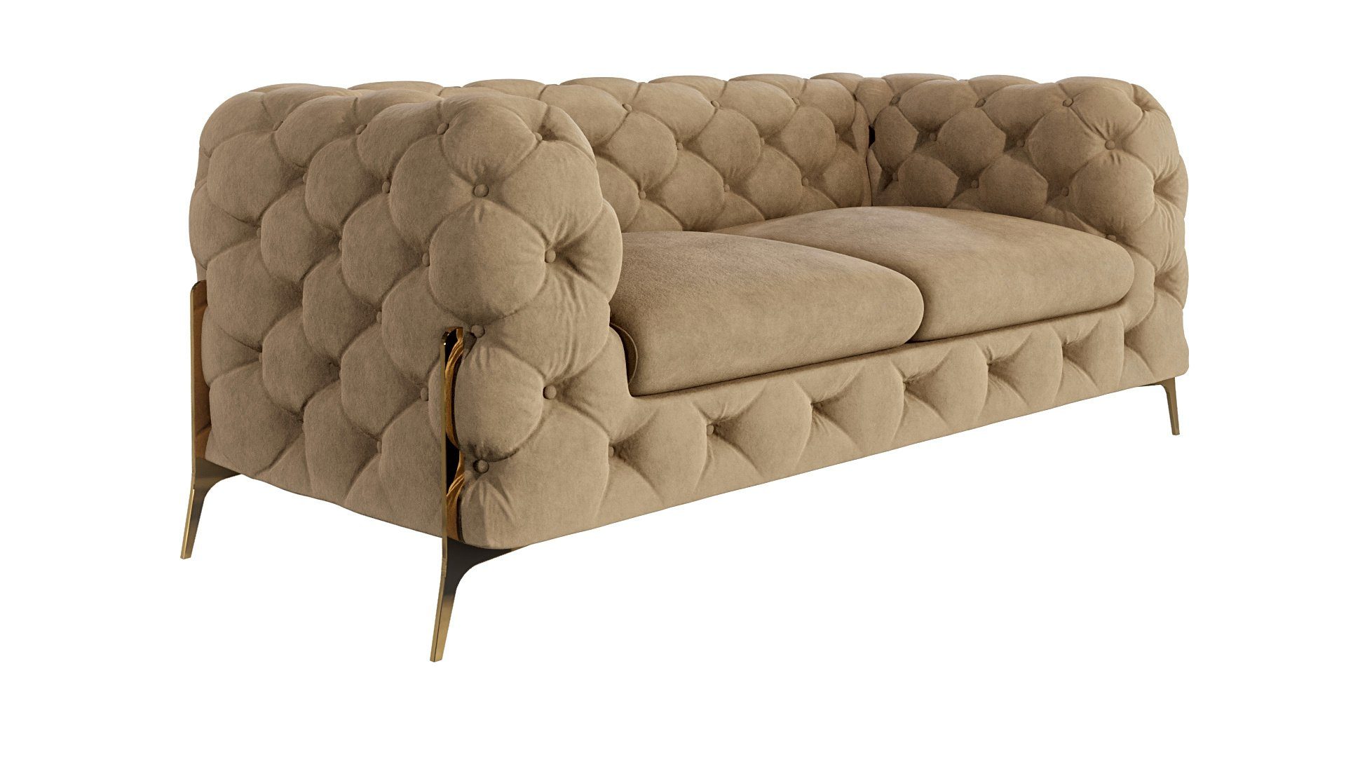 2-Sitzer Möbel Beige Sofa S-Style Füßen, Chesterfield mit Metall Goldene mit Ashley Wellenfederung