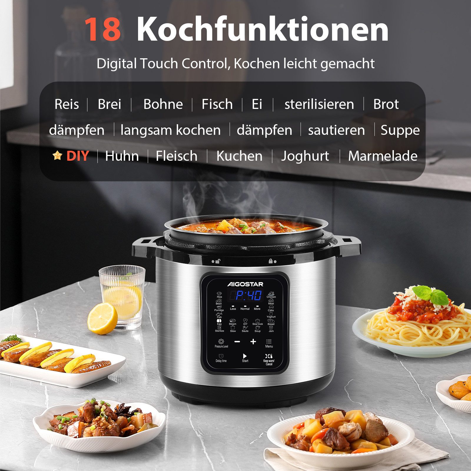Aigostar Reiskocher 6L Schnellkochtopf, 18-in-1 Multikoche, Pressure Cooker, Rice Cooker, 1000 W, 24h Timer & Warmhalte, Antihaftbeschichtung, 10+ Sicherheitsmerkmale