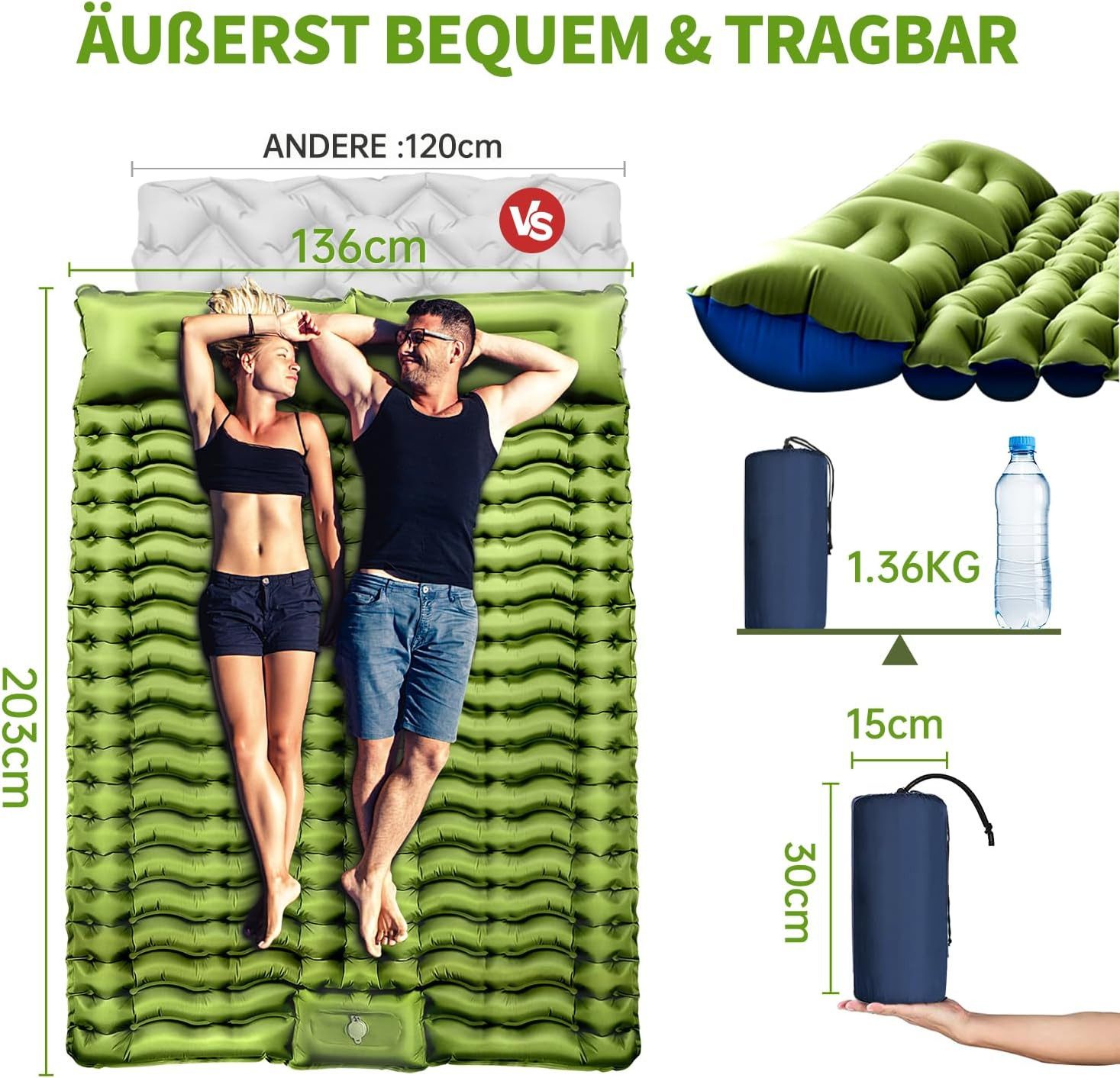 feinlux Isomatte Camping Isomatte Selbstaufblasend, (set, Ultraleicht Luftmatratze Camping für 2 Personen), Aufblasbare mit Fußpumpe & Kissen für Outdoor, Wande – Bild 2 von 5