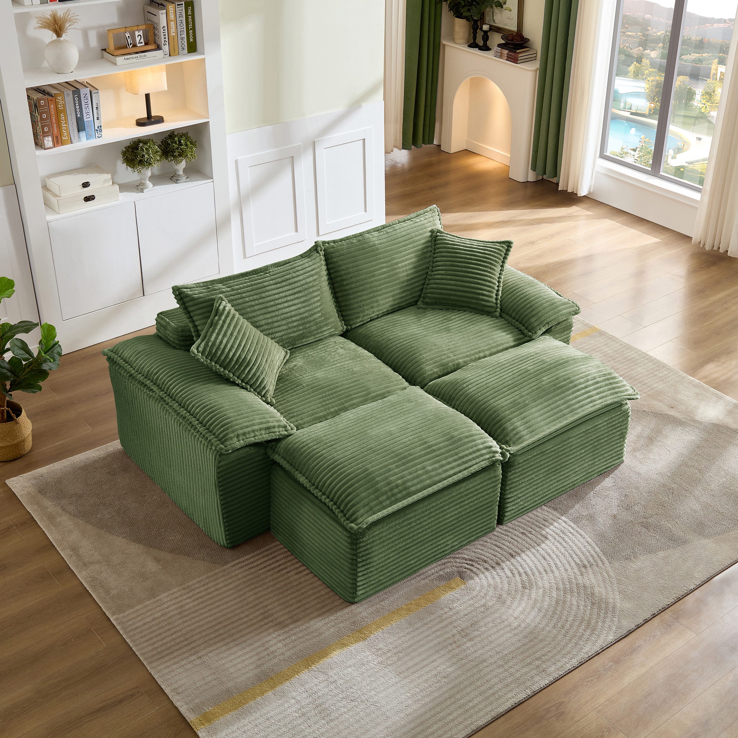 Vankel Schlafsofa Modulares Schlafsofa, 2-Sitzer Wohnzimmer Sofa mit Kissen, Bodensofa Cord Couch mit Hocker, Armlehne und Memory-Schaum