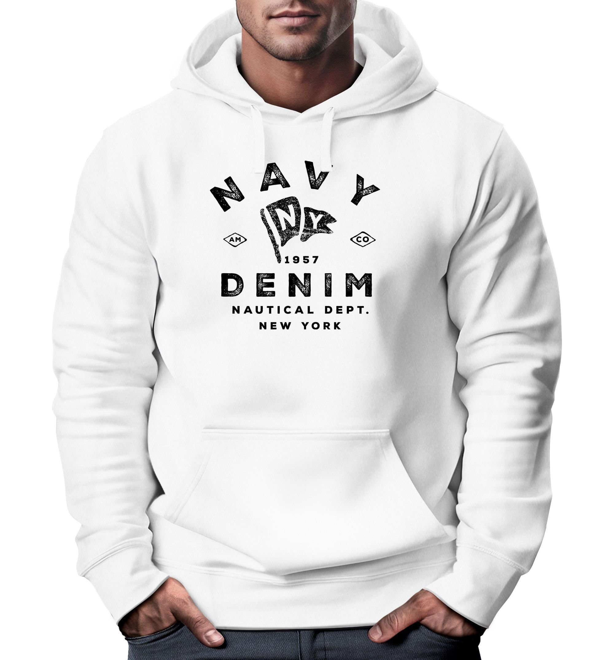 New Neverless Nautical Kapuzen-Pullover Herren Navy MännerNeverless® York Hoodie Hoodie Schriftzug vintage Motiv weiß Denim