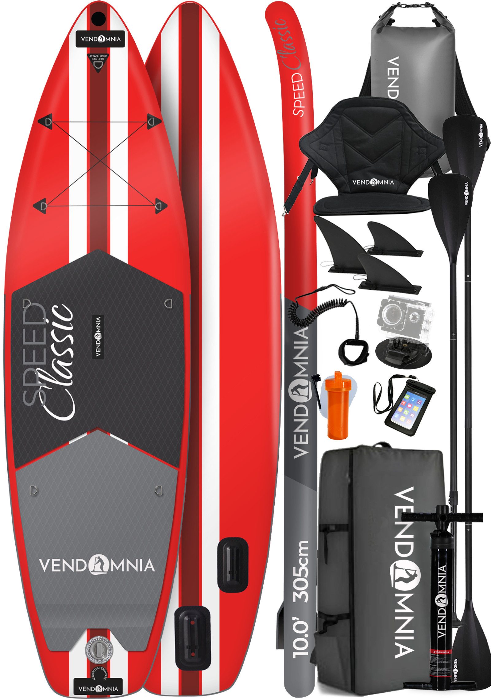 VENDOMNIA SUP-Board aufblasbar, Größe 305cm, Farbwahl, Stand Up Paddle Board, (15 cm dick, 3 PVC Schichten, max 170 kg), Paddling board, Paddelboard, Surfboard, (Kajaksitz - Rucksack - Pumpe - Doppelpaddel - Tragetasche - Cam Holder - 30l Drybag - Beinleine - Handytasche - Kickpad)