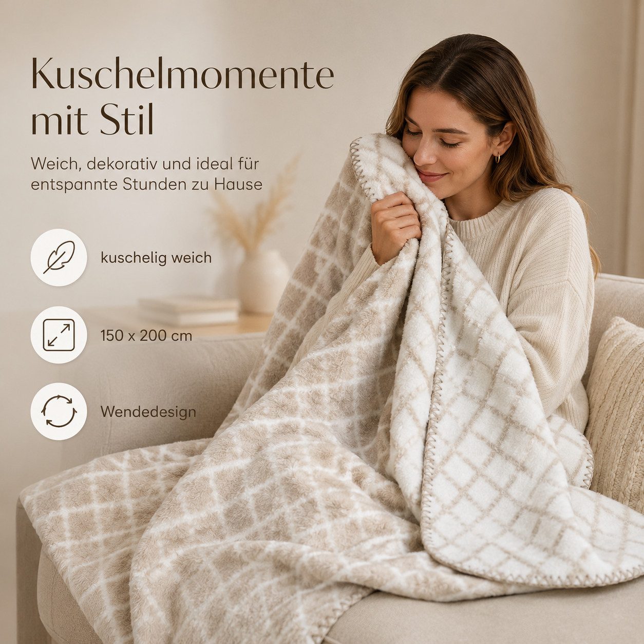 Plaid Kassandra 150x200 cm - Kuscheldecke Baumwollmix, SEI Design, Wohndecke Mandala Rose/Icegrey