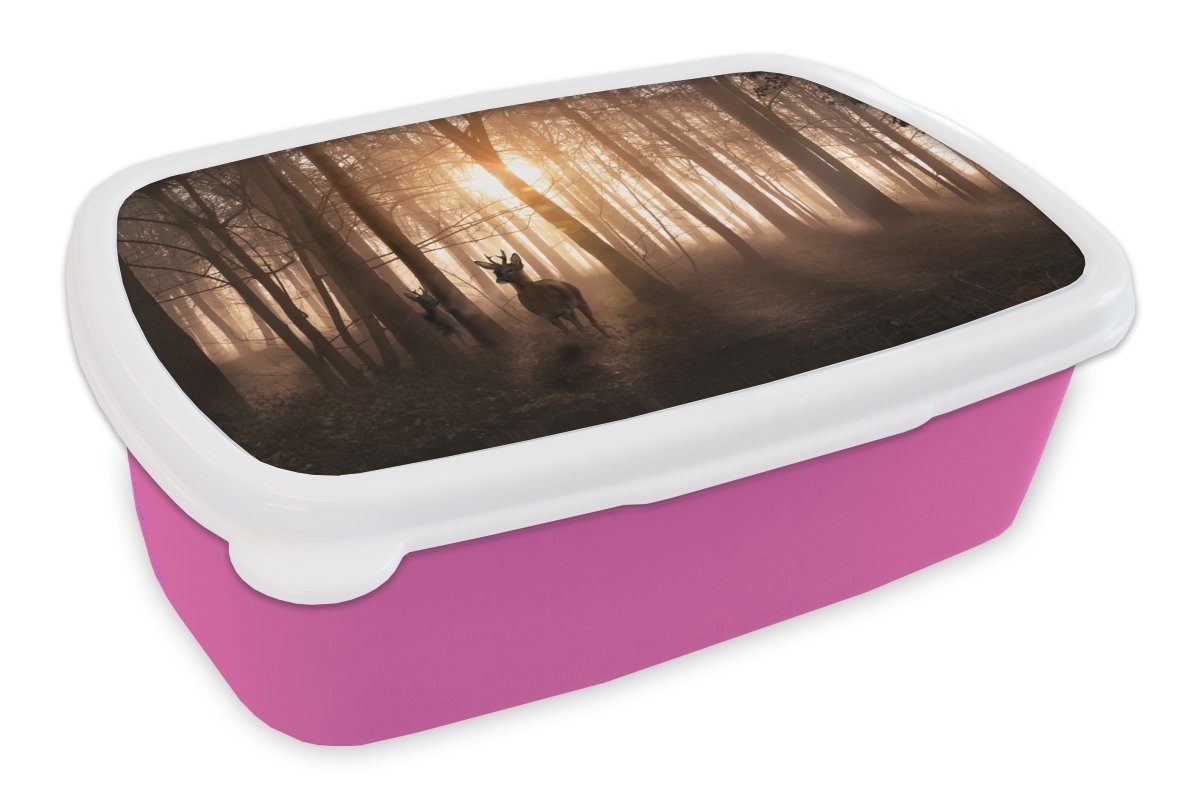 MuchoWow Lunchbox Wald - Hirsche - Sonne - Bäume - Winter - Natur - Tiere, Kunststoff, (2-tlg), Brotbox für Erwachsene, Brotdose Kinder, Snackbox, Mädchen, Kunststoff rosa