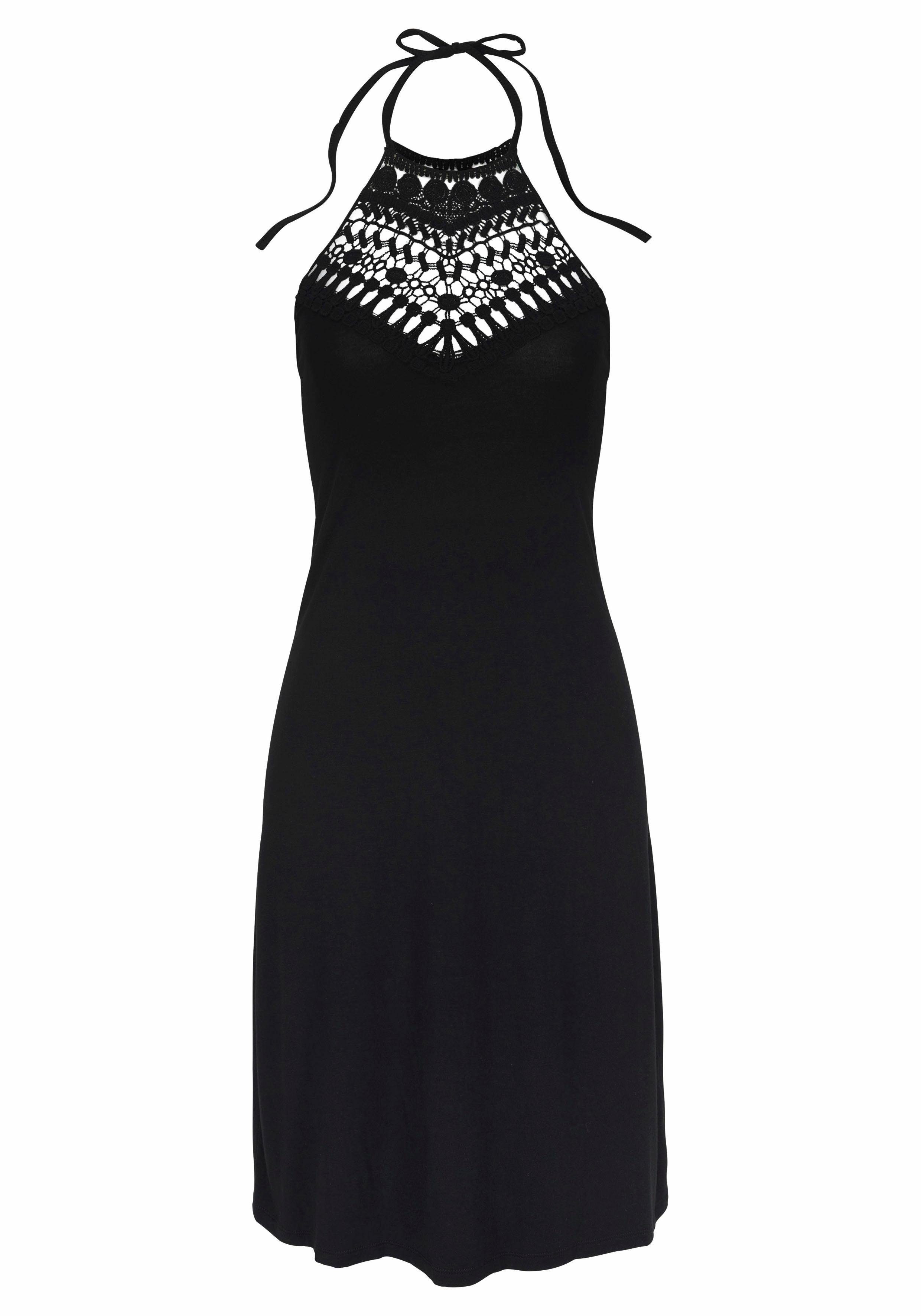 LASCANA Neckholderkleid mit Spitzeneinsatz aus Häkelspitze vorn Boho-Kleid, kurzes Sommerkleid, Strandkleid, Viskosekleid, Festival – Bild 2 von 5