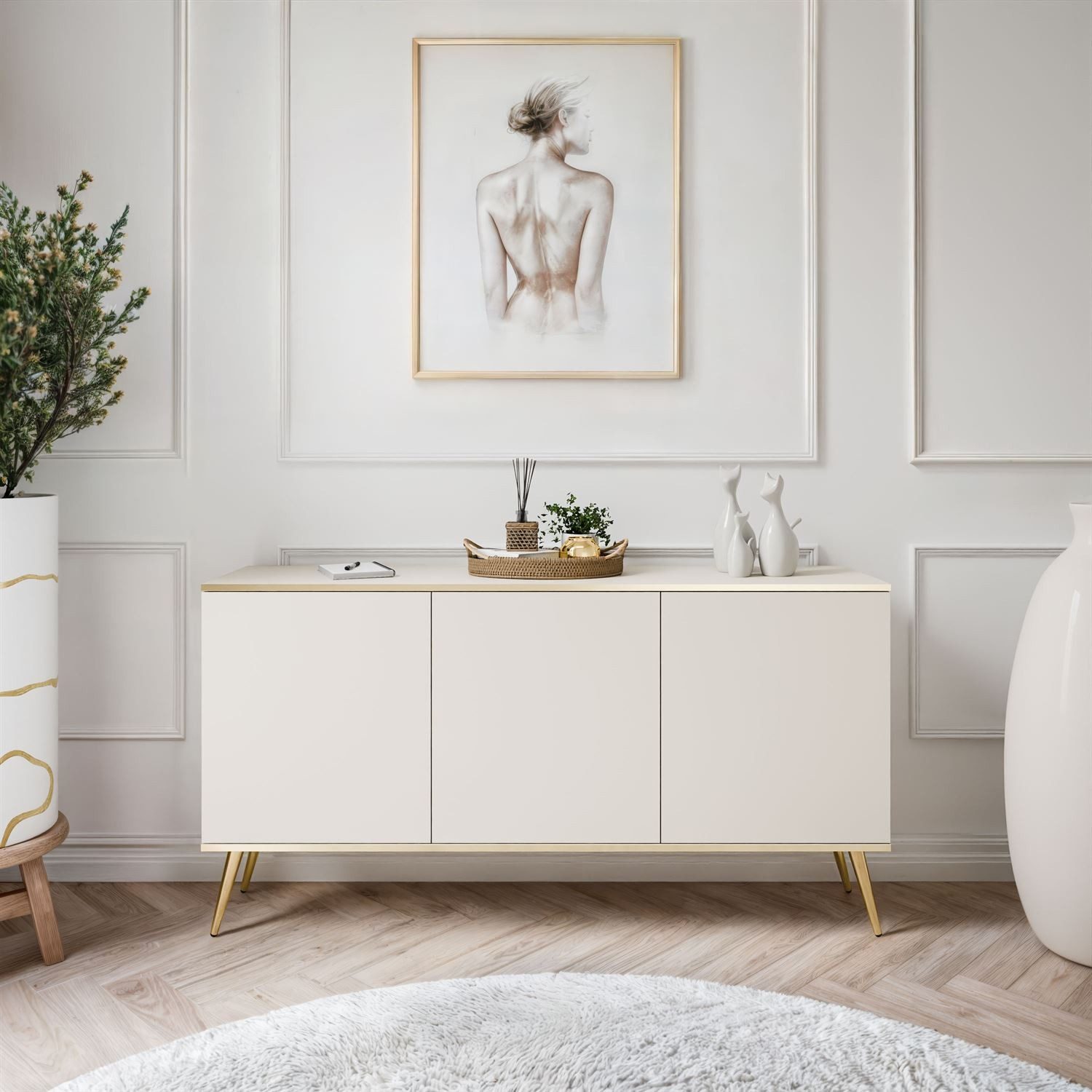 ALLHOUSE24 Kommode SENSO 160 cm dreitürige Sideboard gold Metall Füße, Breite 160 cm, Höhe 85 cm, Tiefe 39 cm