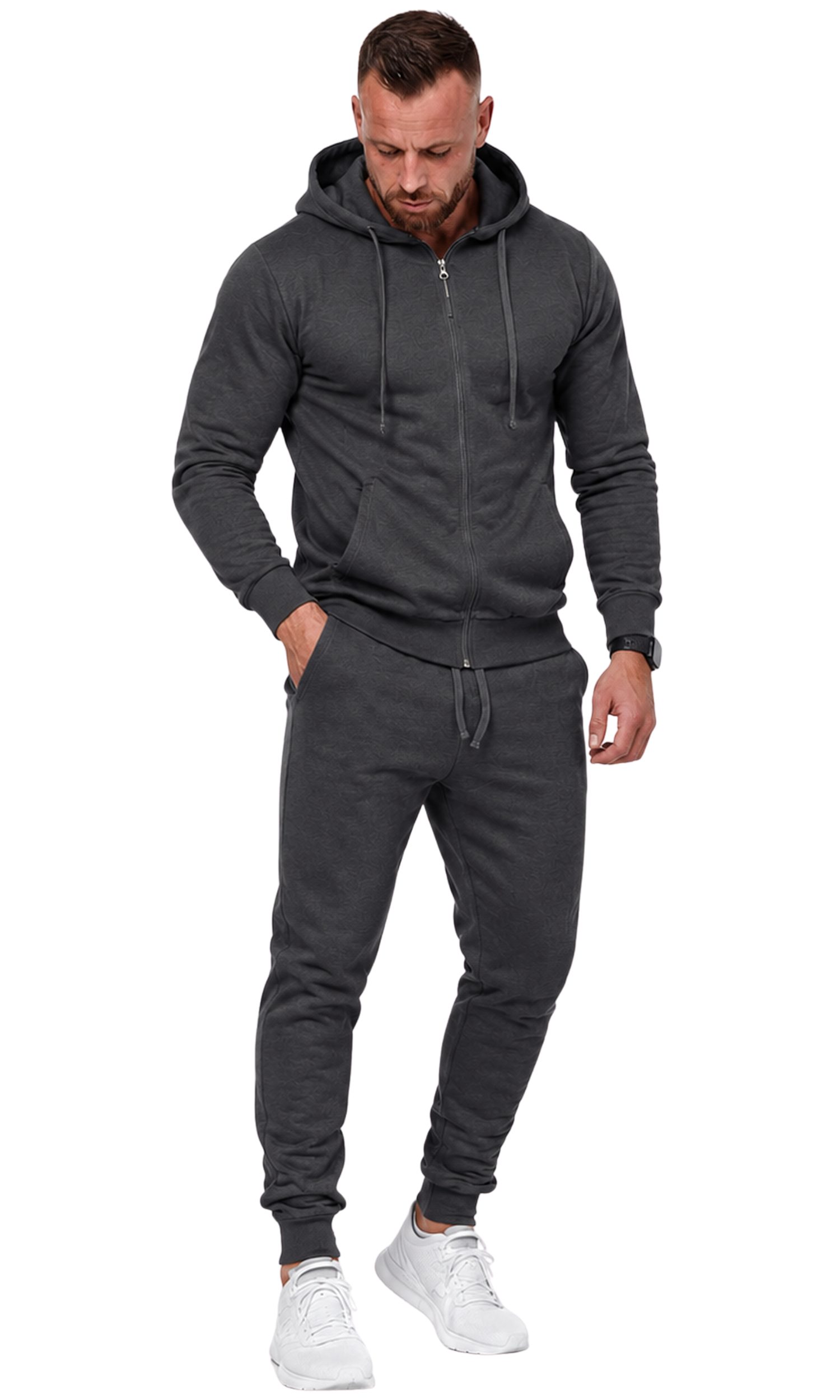 L.gonline Freizeitanzug Herren Jogginganzug einfarbig 100% BW 586 Anthrazit XL (Kapuzenjacke mit Reißverschluss, Hose, 2-tlg), Fitness Freizeit Casual