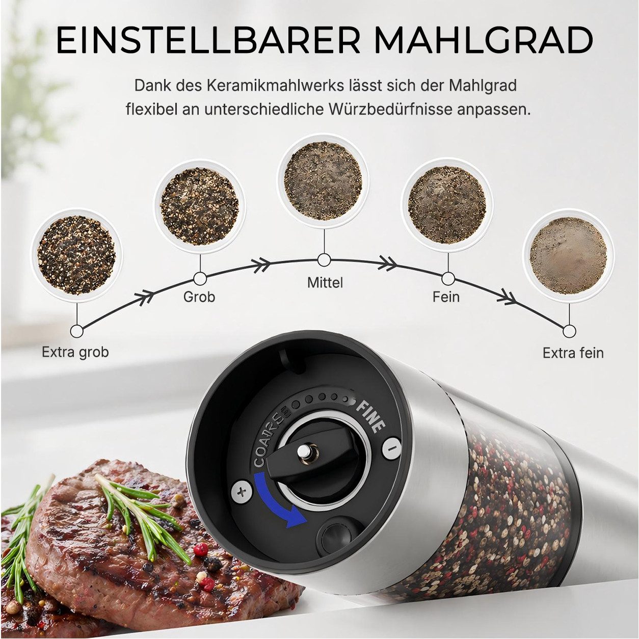 Futicare Salz-/Pfeffermühle Elektrisch 2er Set, wiederaufladbare Gewürzmühlen mit Akku &, magnetischer USB-C-Ladestation,95 ml,Keramikmahlwerk,5 Mahlgrade & LED – Bild 4 von 5
