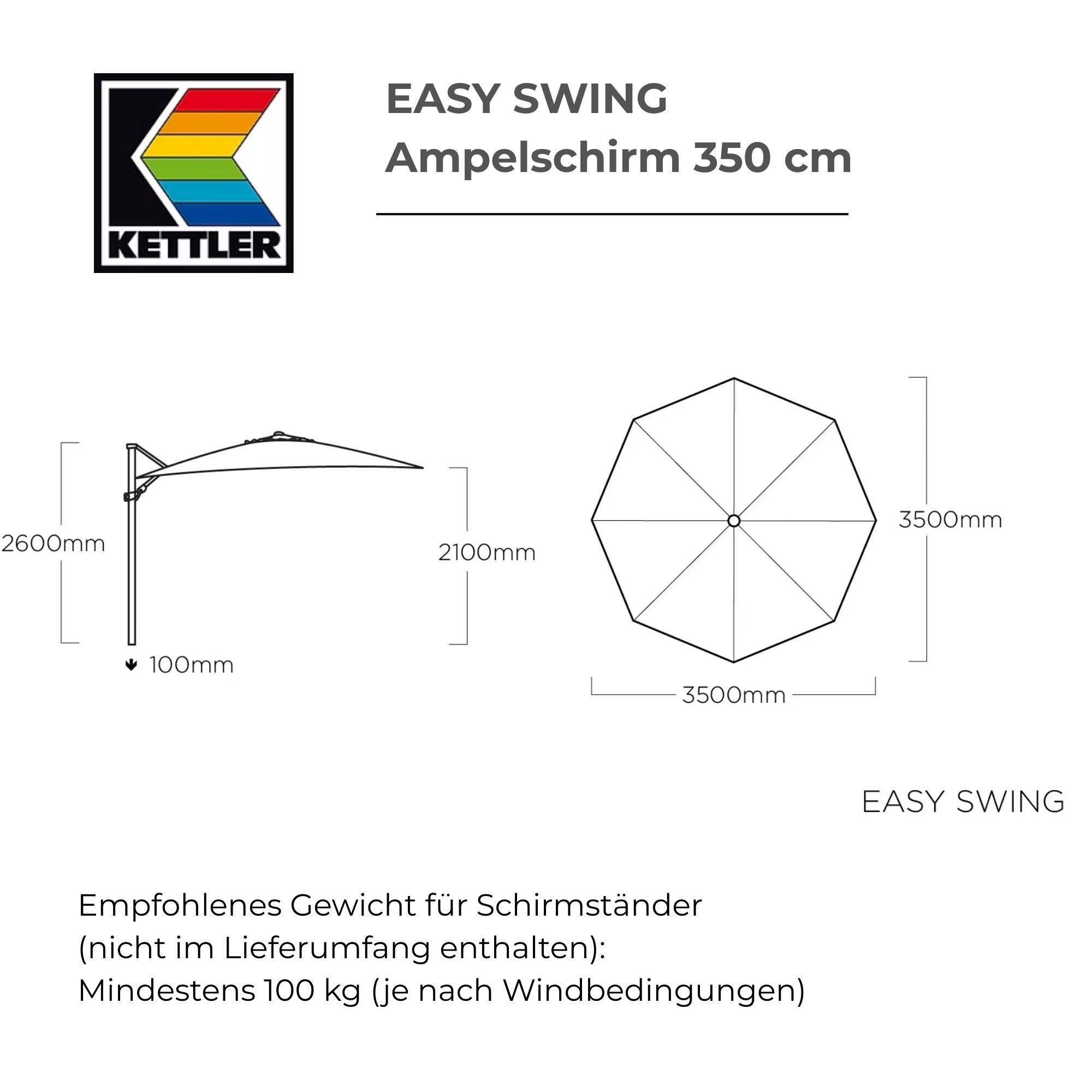 KETTLER Ampelschirm Kettler Ampelschirm LED 350 cm Sonnenschirm mit Schutzhaube rund