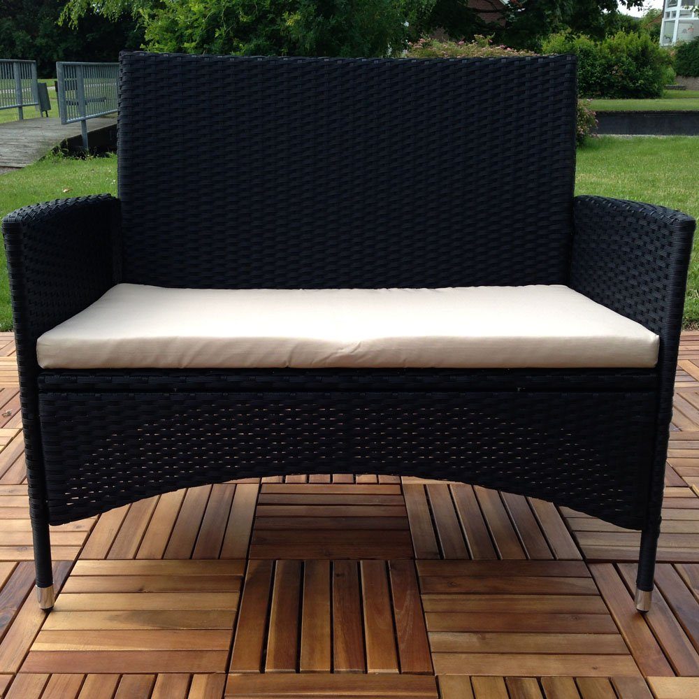 Mucola Gartenbank Gartenbank Sitzbank Polyrattan Schwarz Sitzpolster Balkon Outdoor (Stück, Gartenbank), Wasserabweisend