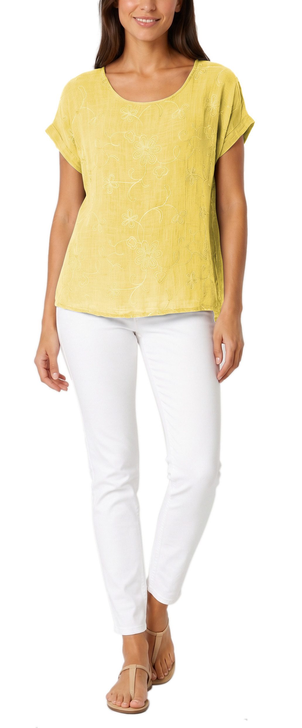 dy_mode Kurzarmbluse Kurzarm Bluse Elegantes Baumwollshirt Damen einfarbig Blusenshirt in Unifarben, Rundhalsausschnitt, mit Blumenstickerei
