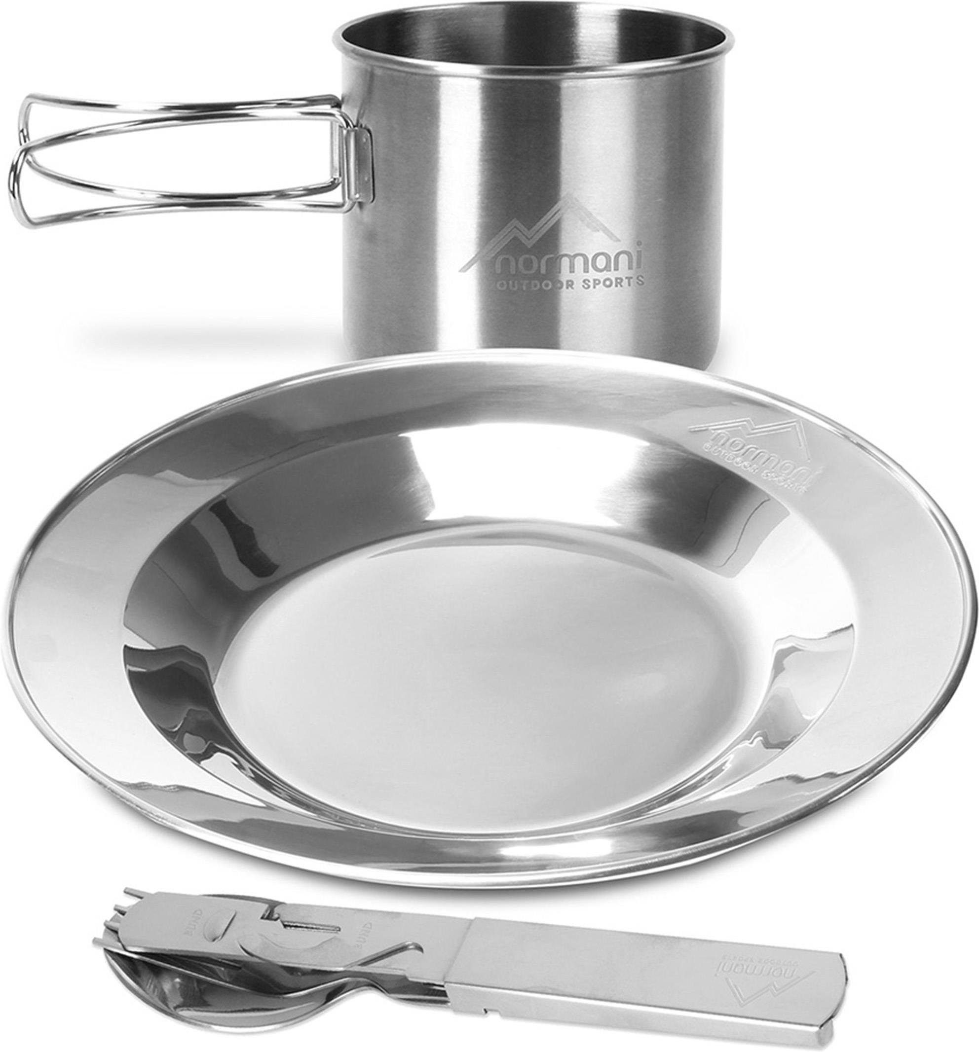 normani Geschirr-Set BW Besteck mit Teller und Falttasse (4-tlg), Edelstahl, Camping Geschirr Essgeschirr Outdoor Besteck Kochgeschir