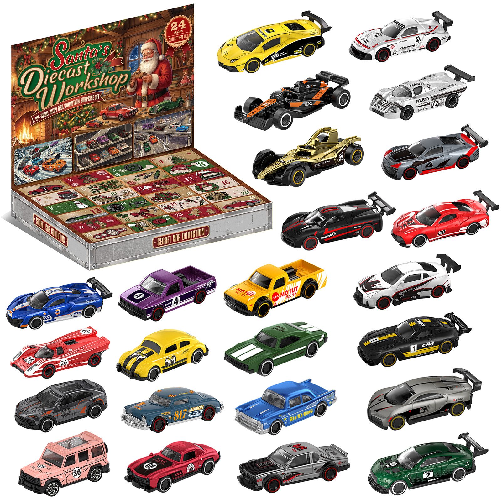 Esun Spielzeug-Adventskalender Adventskalender Auto Kinder 2026, Weihnachtskalender Kinder Geschenk (Set, 24-tlg), Weihnachts-Kalender mit 24 Die-Cast Spielzeugautos