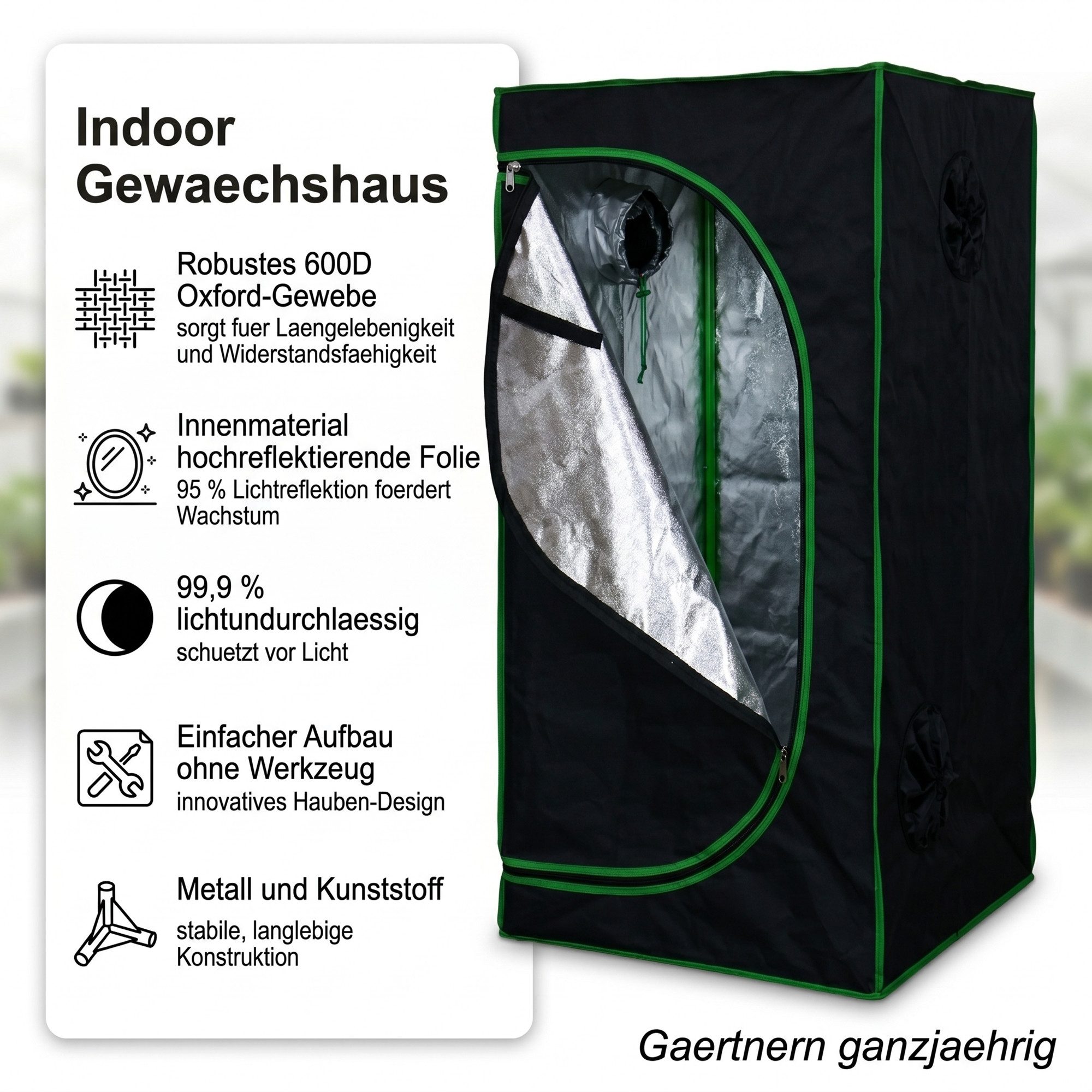 Mucola Gewächshaus Growbox Indoor Gewächshaus Pflanzenzelt Zuchtzelt Growroom Darkroom, Stück, inkl. 3 in 1 Feuchtigkeitsmessgerät für Pflanzen