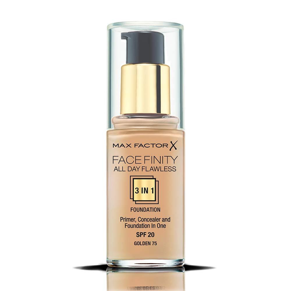 MAX FACTOR Foundation Face Finity All Day Flawless 3 in 1 Make-Up SPF20 Golden No 75 - 30ml, Make-up Foundation mit integriertem Primer & Concealer