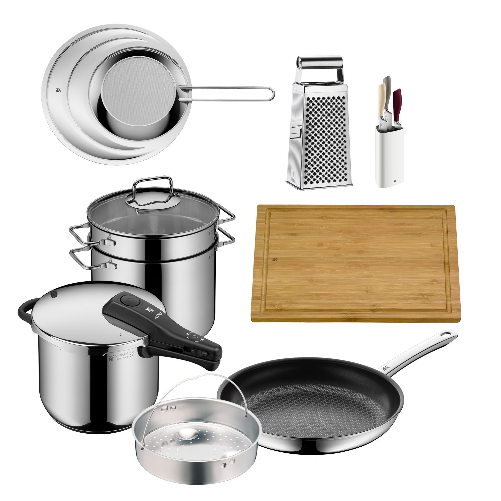 WMF Schnellkochtopf, Messerset, Nudeltopf, Schneidbrett, Bratpfanne, Spritzschutz, Reibe, Set