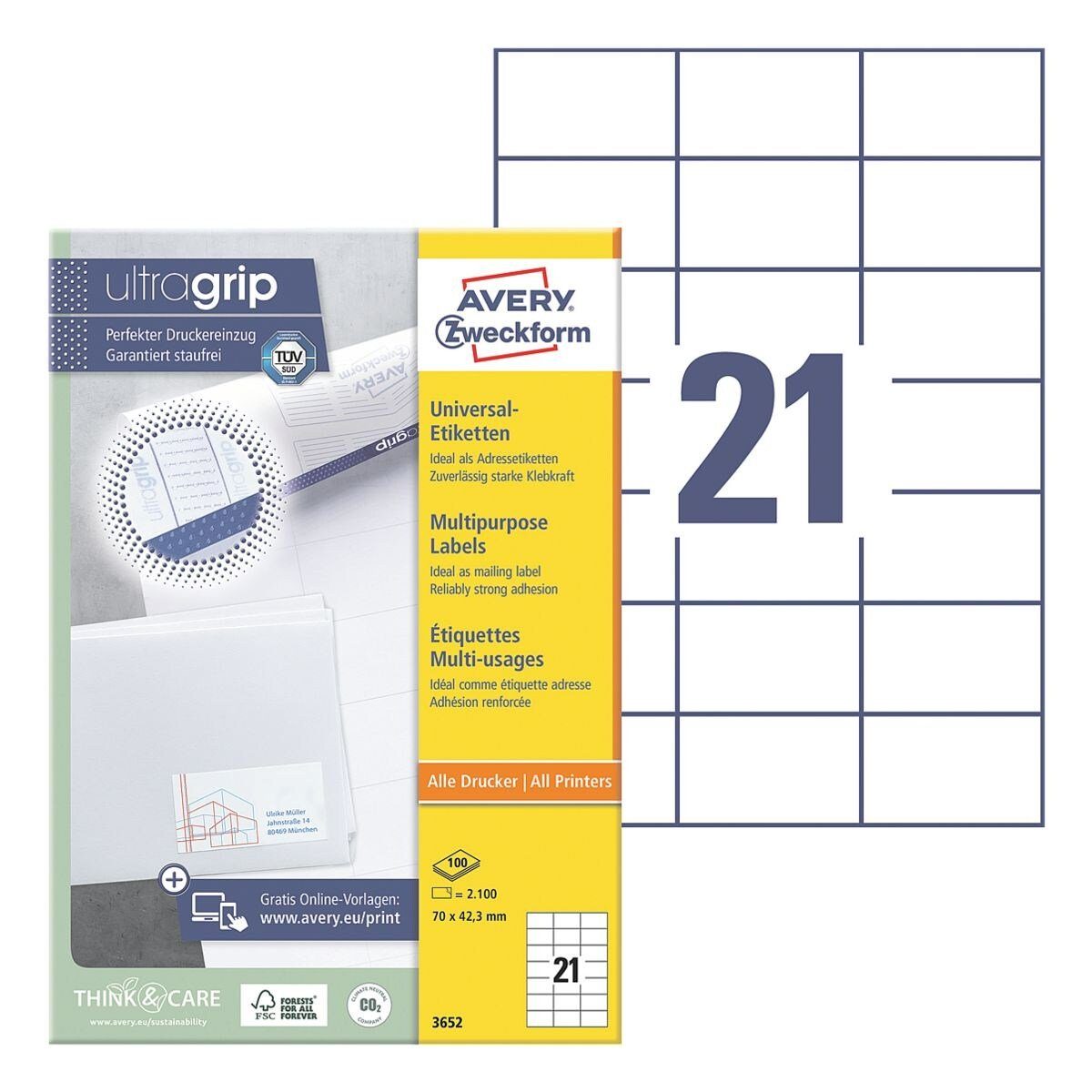 Avery Zweckform Etiketten 3652, 2100 Stück, Kennzeichnung (70 x 42,3 mm), selbstklebend