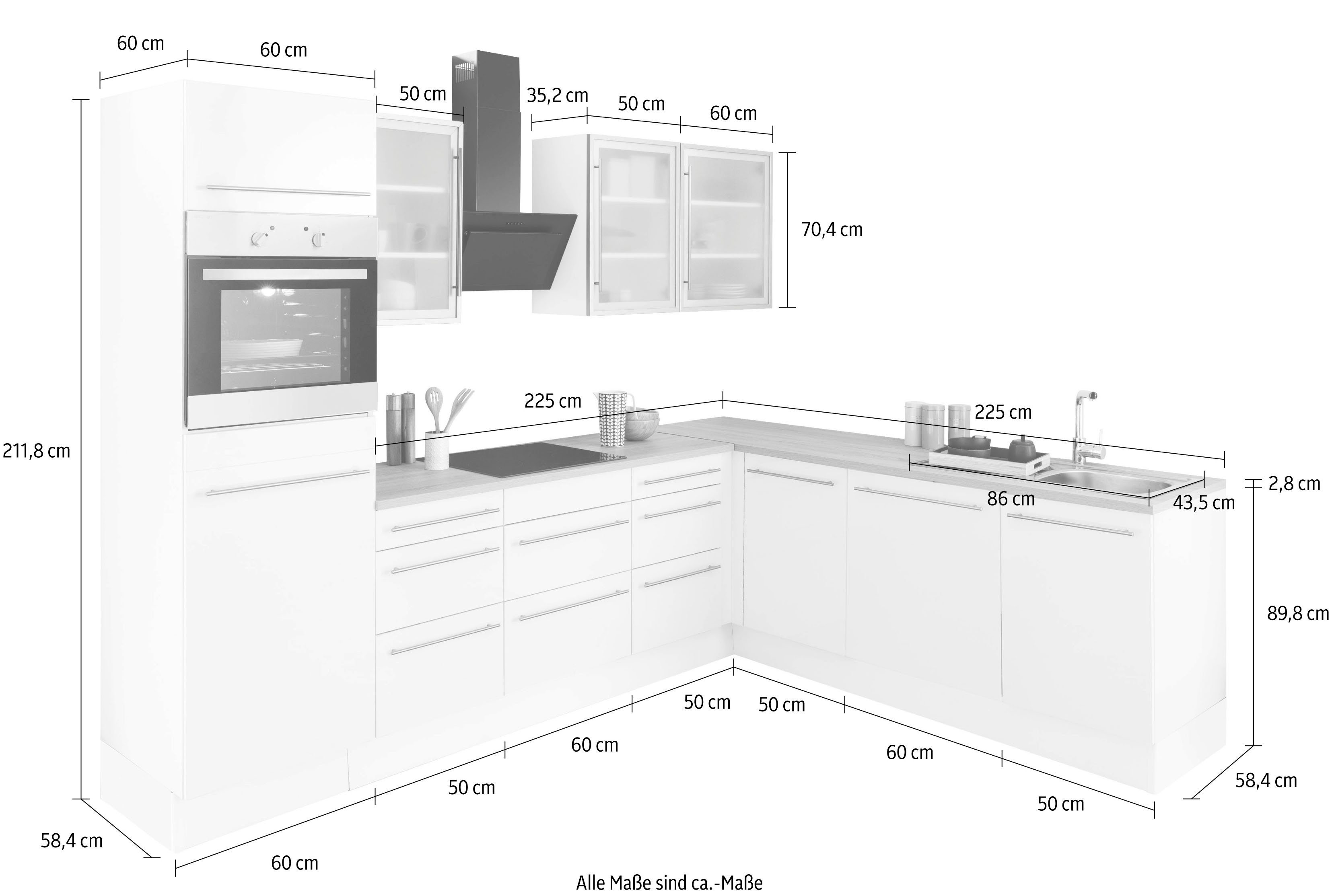 | | wahlweise Bern, Winkelküche 285x225 OPTIFIT weiß Hochglanz/weiß-anthrazit cm, Hochglanz Stellbreite mit weiß E-Geräten weiß