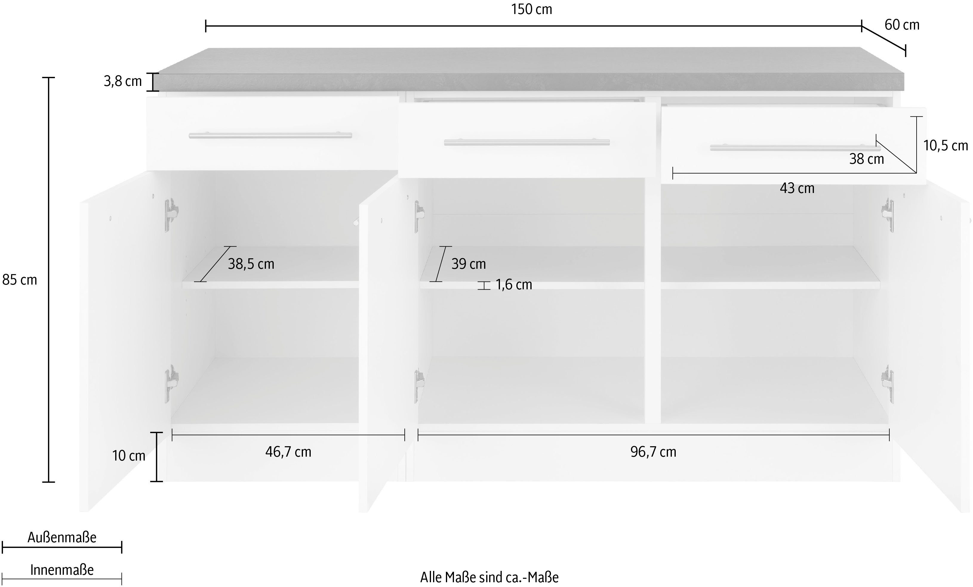 150 weiß/kastelleichefarben Weiß wiho | Unterschrank Küchen Unna breit cm