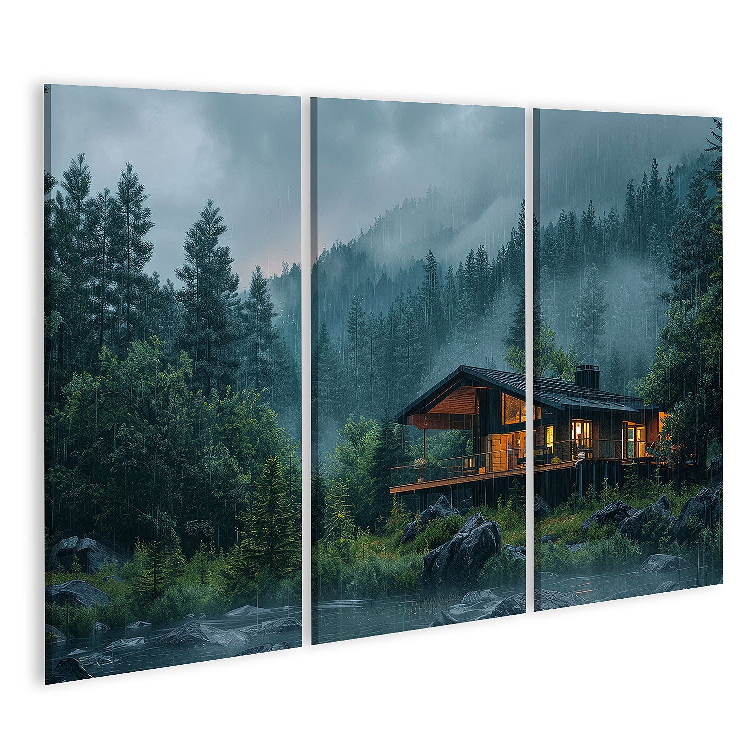 islandburner Leinwandbild, Modernes Haus im regnerischen Wald günstig online kaufen
