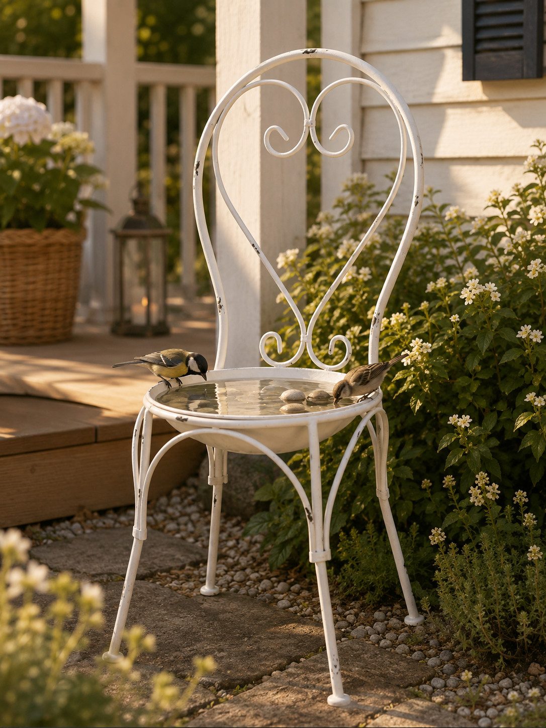finehomegarden Vogeltränke Pflanzstuhl mit Vogeltränke Weiß 52 x 42 x 89 cm – Dekorativer Metall, Blumenständer für Garten, Terrasse und Balkon Garten-Dekoration