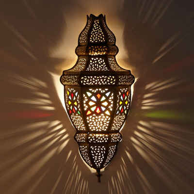 Casa Moro Wandleuchte Marokkanische Wandlampe Ayah aus Messing 51x23 cm, Kunsthandwerk mit filigranen Ornamenten und farbigen Glaselementen