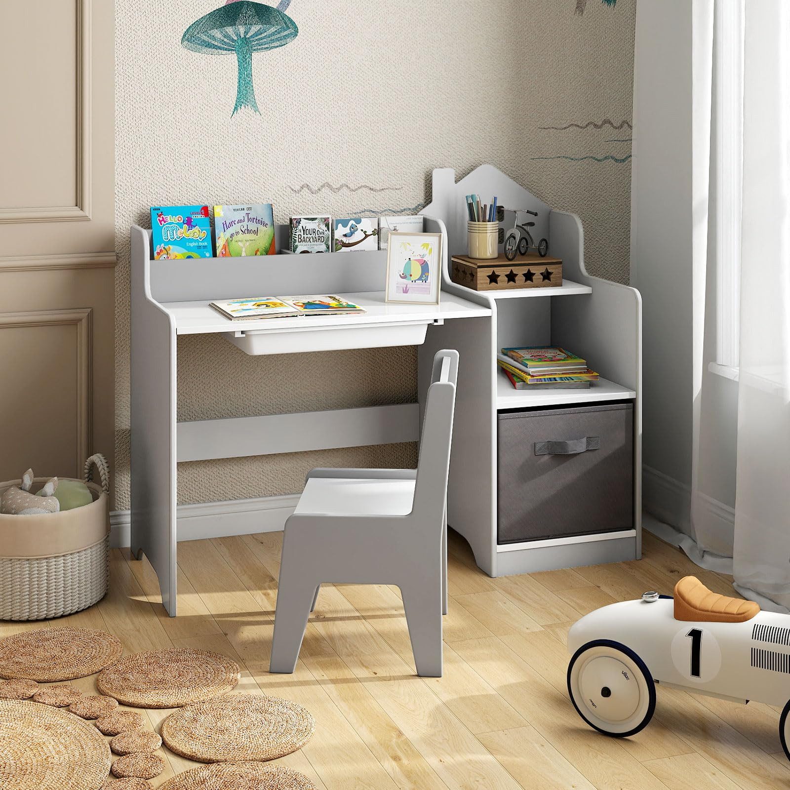 COSTWAY Kinderschreibtisch (2-St), mit Stuhl, Schülertisch mit Stauraum, Schublade
