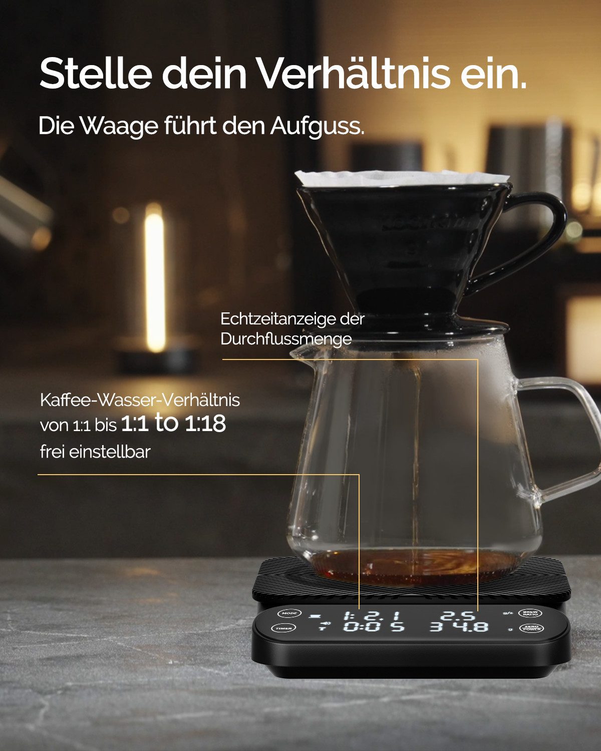 Maestri House Küchenwaage K125 Pour-Over-Kaffeewaage mit Timer, 0,1 g / 3 kg, (1-tlg., für V60, Chemex, French Press und Espresso), Flow Rate, Brühverhältnis 1: – Bild 2 von 5