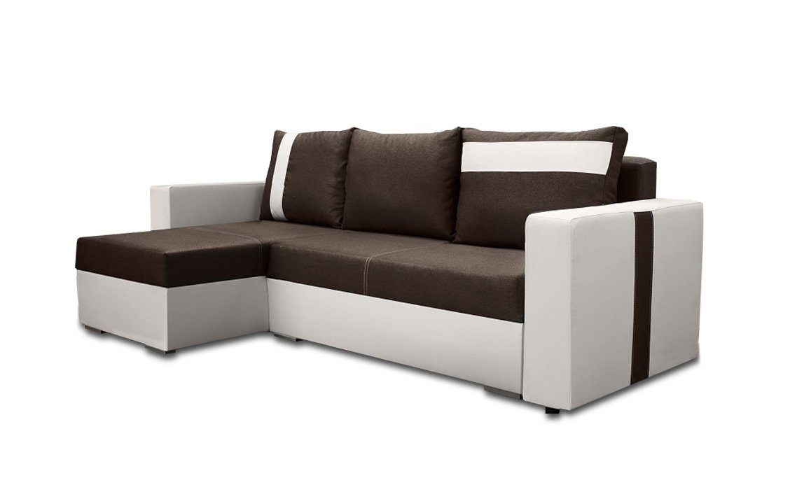 Furnix Schlafsofa NIPPUR Sofa in L-Form Polstercouch mit Schlaffunktion, 2x Bettkasten, DL-Ausziehautomatik, Maße: B230 x H90 x T145 cm, Sitzhöhe: 45 cm BH35+SF17 Weiß/Braun