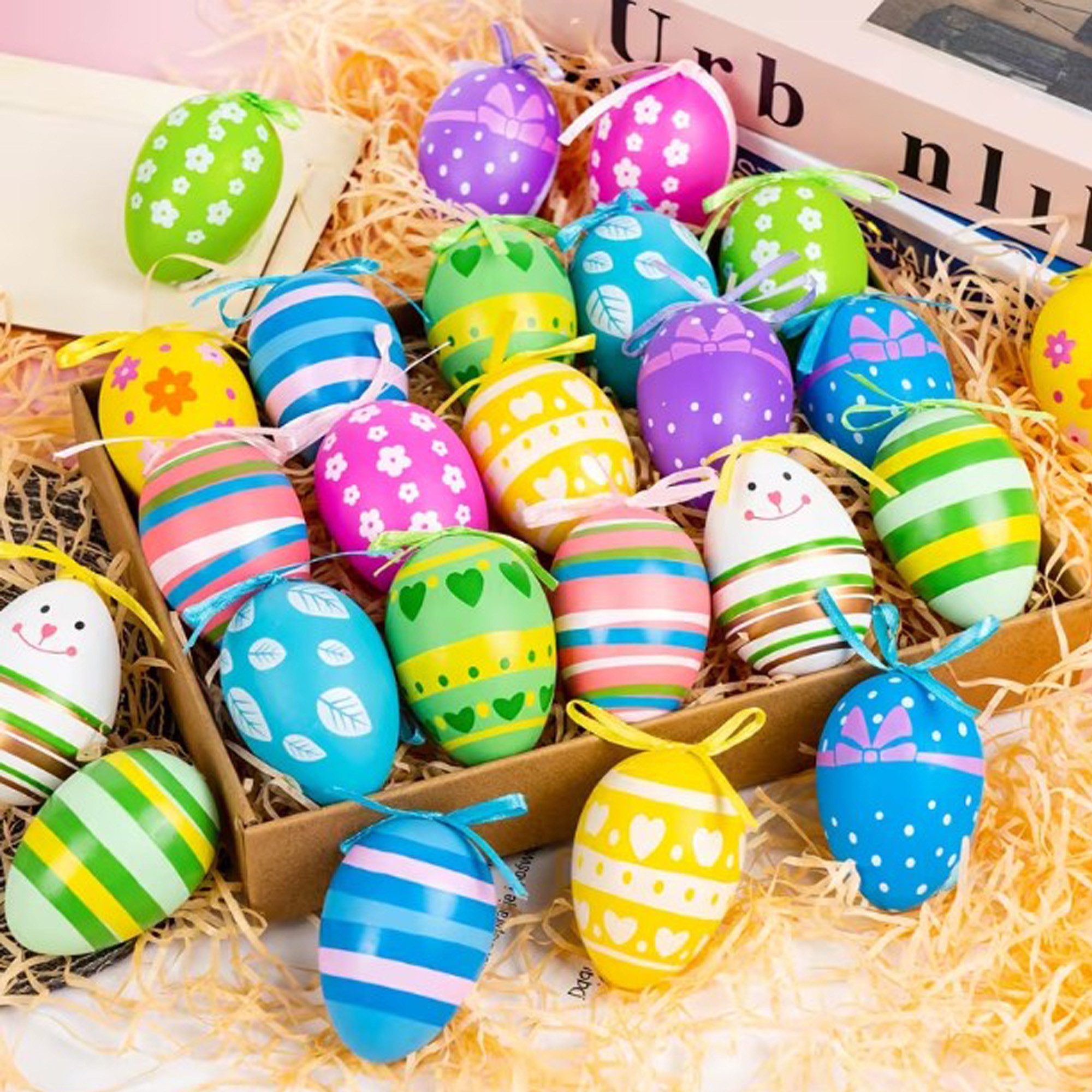 Deggelbam Osterei 20x Ostereier zur Dekoration für Ostern (Spar-Set, Deko Dekoration für die Osterfeiertage), Osteranhänger aus Kunststoff für Osterbaum & Osterstrauch