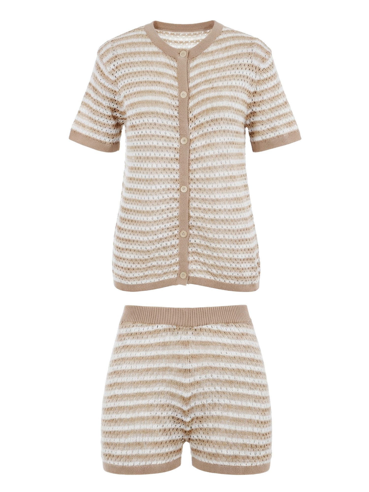 Imily Bela Hausanzug Damen Häkel 2-teiliger Set (Set, 2 tlg., Strick-Shirt + Shorts) gestreiftes – Bild 5 von 5