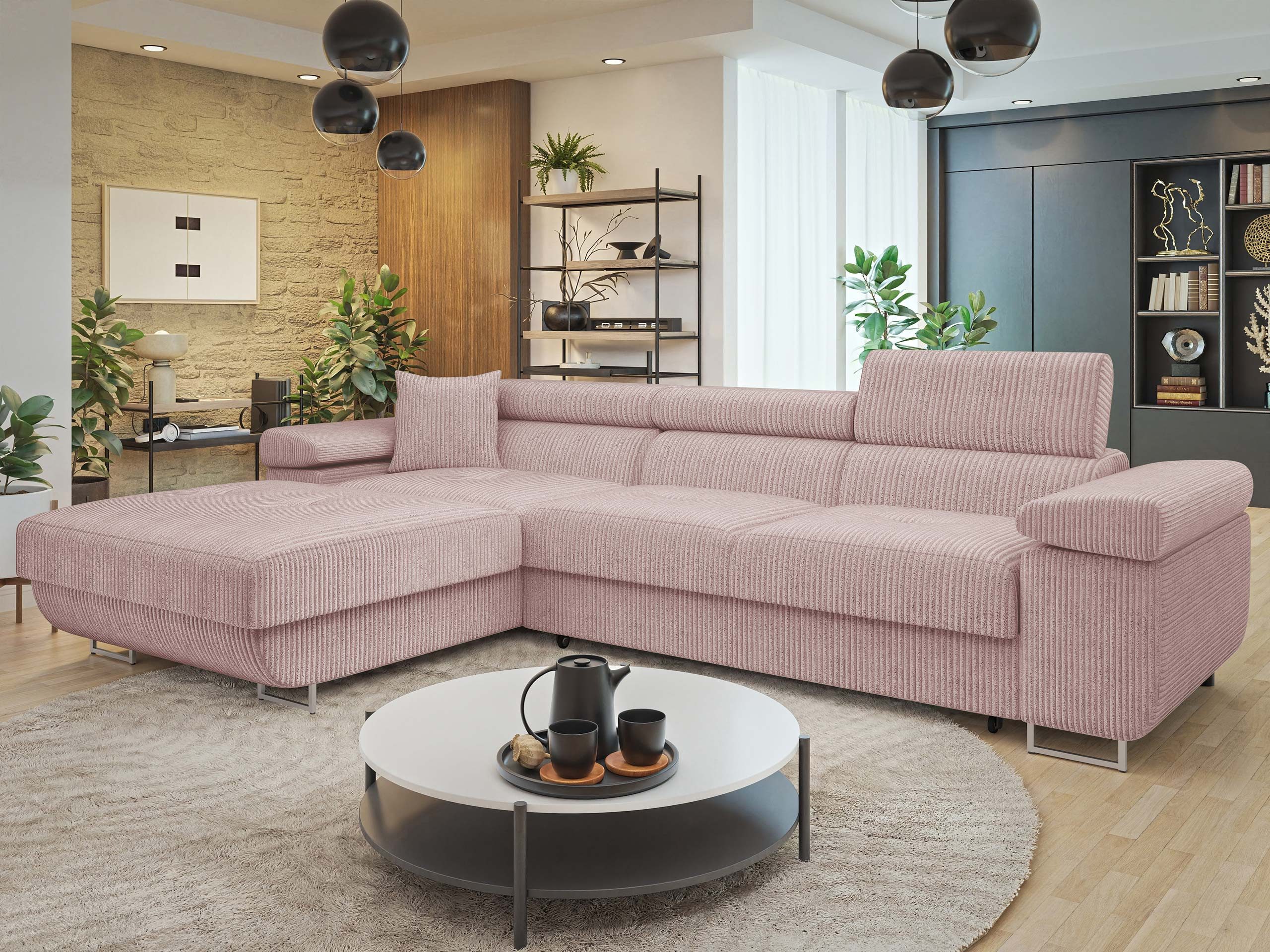 MIRJAN24 Ecksofa Torezio Mini Cord, mit Bettkasten und Schlaffunktion, Einstellbare Kopfstützen, 280x170x70-90 cm