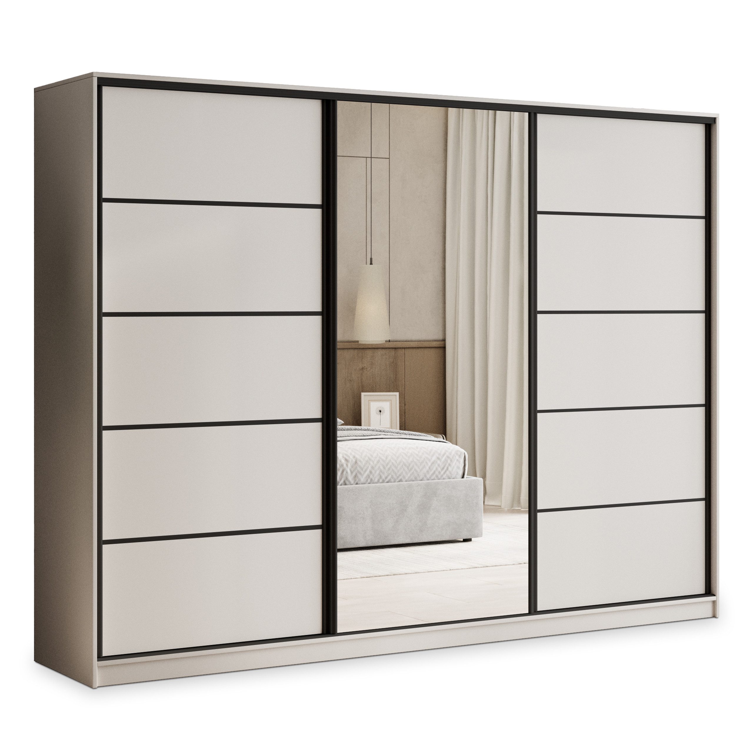 Masseno Schwebetürenschrank PINA 250 cm Kleiderschrank mit Spiegel 3 Türen Kaschmir
