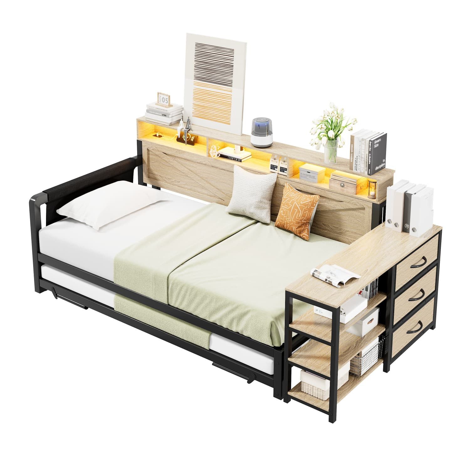 autolock Schlafsofa Metall-Schlafsofa,Sofabett mit verstellbarem Ausziehbett,Stauschrank, mit 3 Schubladen,Staufächern, LED-Beleuchtung und USB-Anschluss