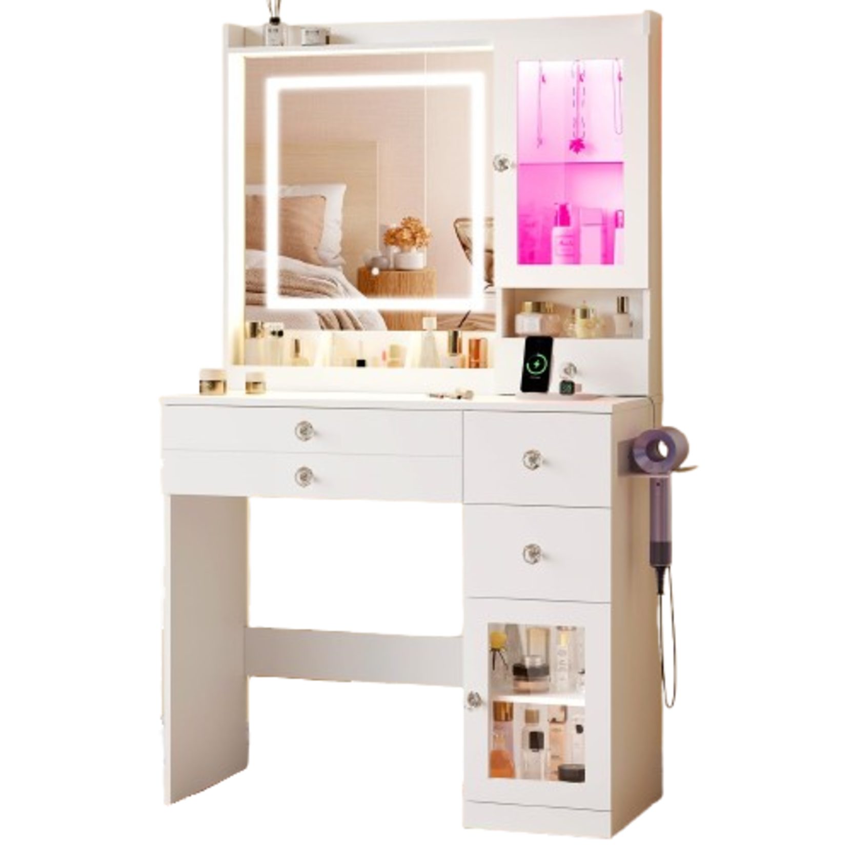 Dripex Schminktisch LED-Spiegel&Vitrine 80cm-USB&Steckdose-RGB-Beleuchtung-Stauraum-Weiß
