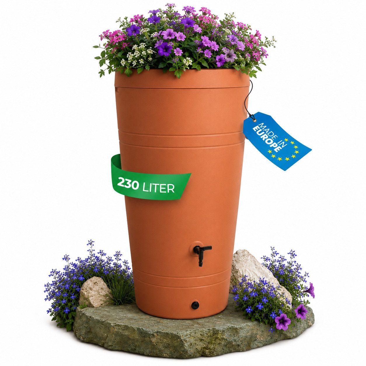 YourCasa Regentonne 230 Liter [Decore ] mit Pflanzeinsatz - Regenfass aus Kunststoff, bepflanzbarer Deckel, mit Wasserhahn,240L