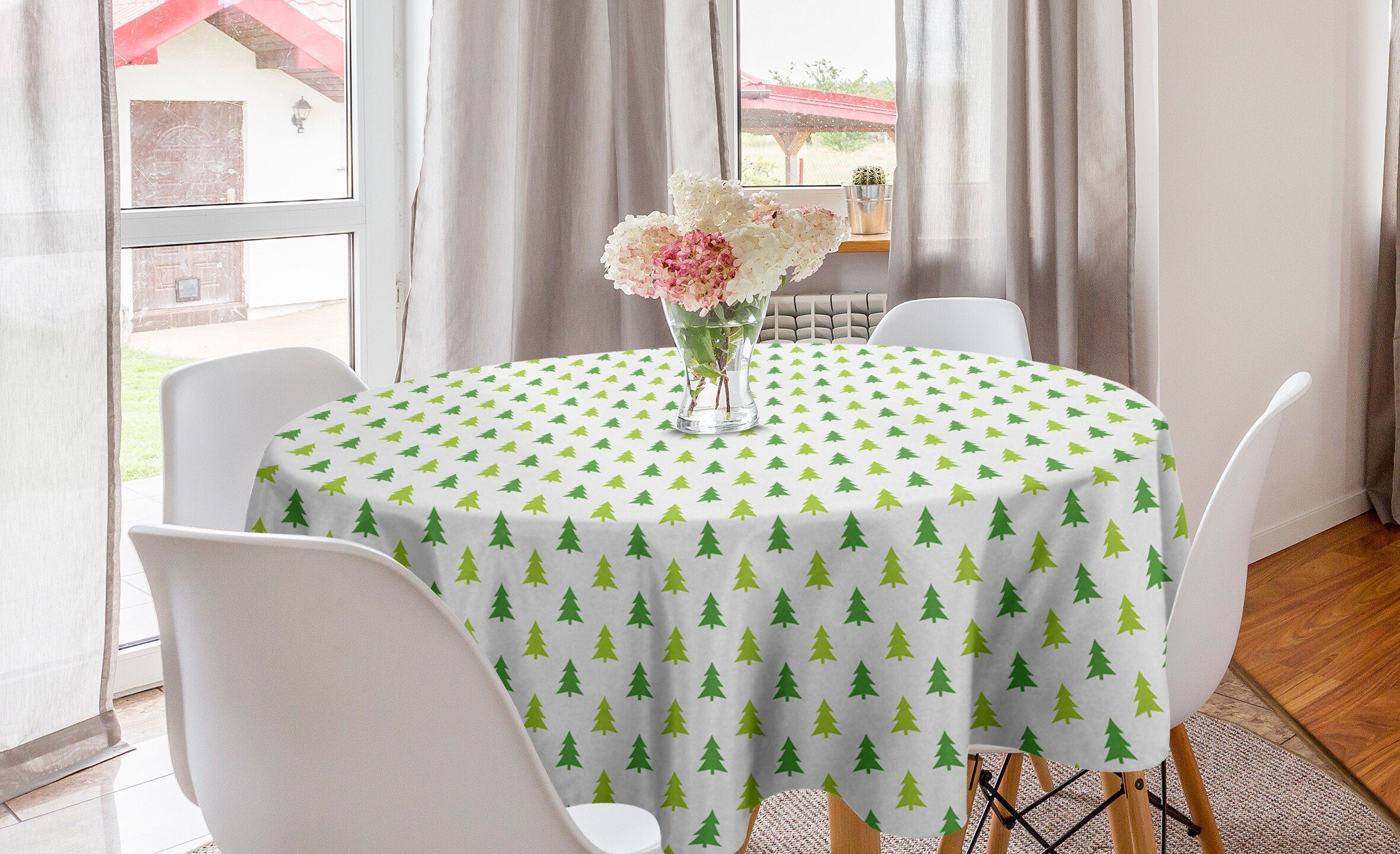 Abakuhaus Tischdecke Kreis Tischdecke Abdeckung für Esszimmer Küche Dekoration, Grünes Weihnachten Monochrome Pine Trees