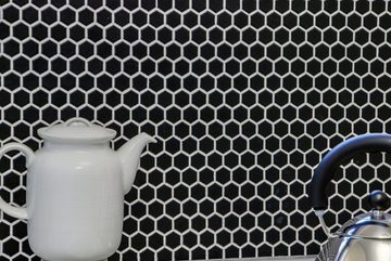 Mosani Mosaikfliesen Sechseck Mosaik Fliese Keramik mini schwarz matt Wand Bad