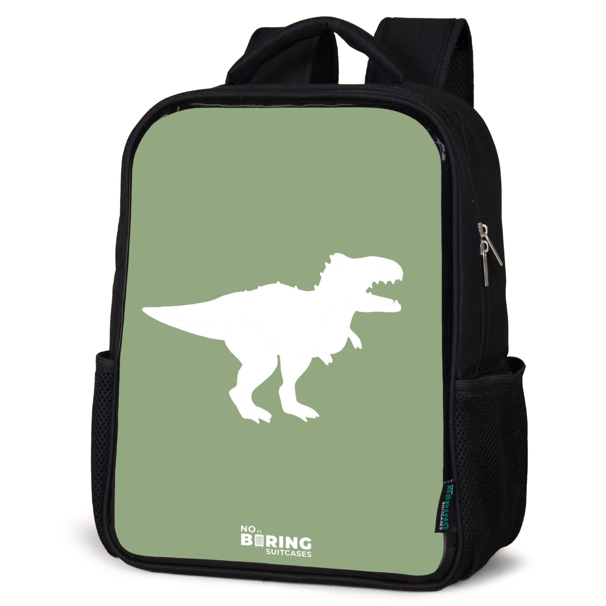 NoBoringSuitcases.com© Rucksack Grün mit T-Rex-Dino, Kinderrucksack Schwarz, Schulrucksack, Freizeitrucksack Jungen Mädchen