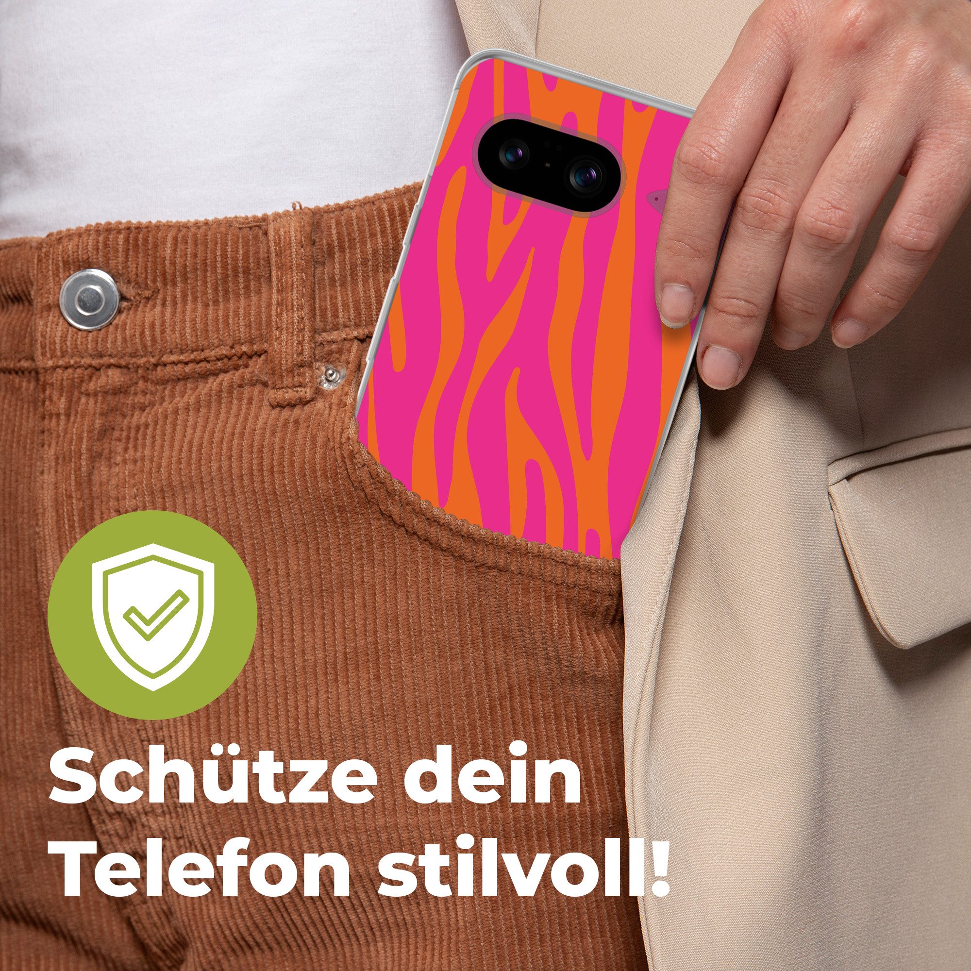 MuchoWow Handyhülle für Google Pixel 8 Zebramuster - Rosa - Orange - Tiermuster, Handy Case, Silikon, Bumper Case Dünn