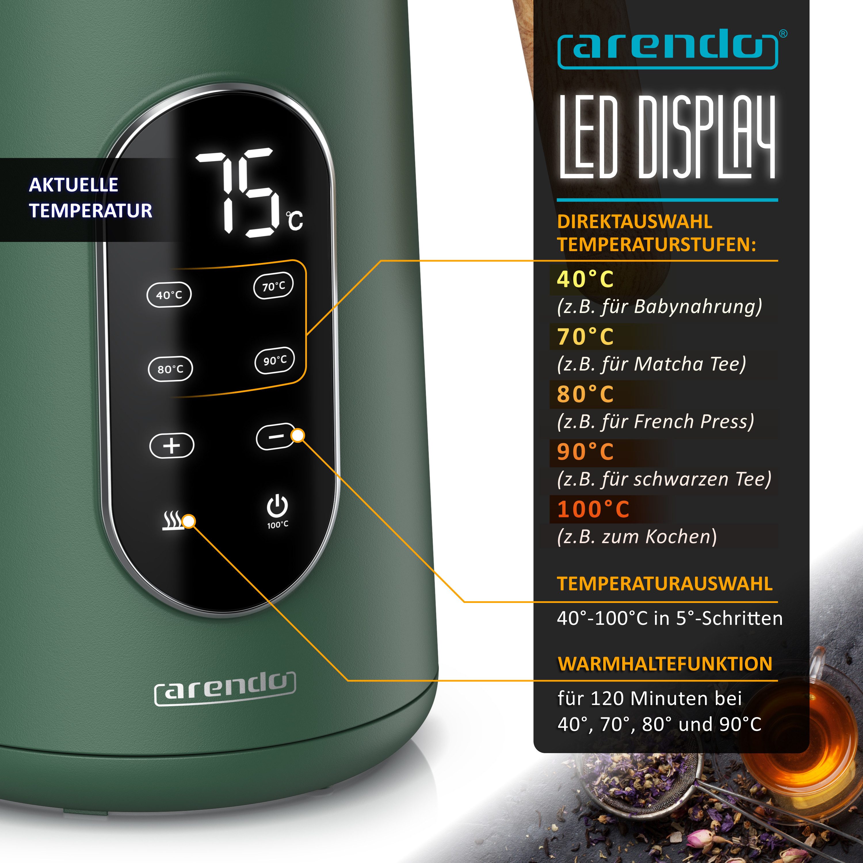 Arendo Wasserkocher Edelstahl, Doppelwand, Temperatureinstellung 40° - 100 °C mit Anzeige, 1,7 l, 2200 W, LED-Display, 5 Direktwahltemperaturen, Holzoptik-Griff, BPA-frei