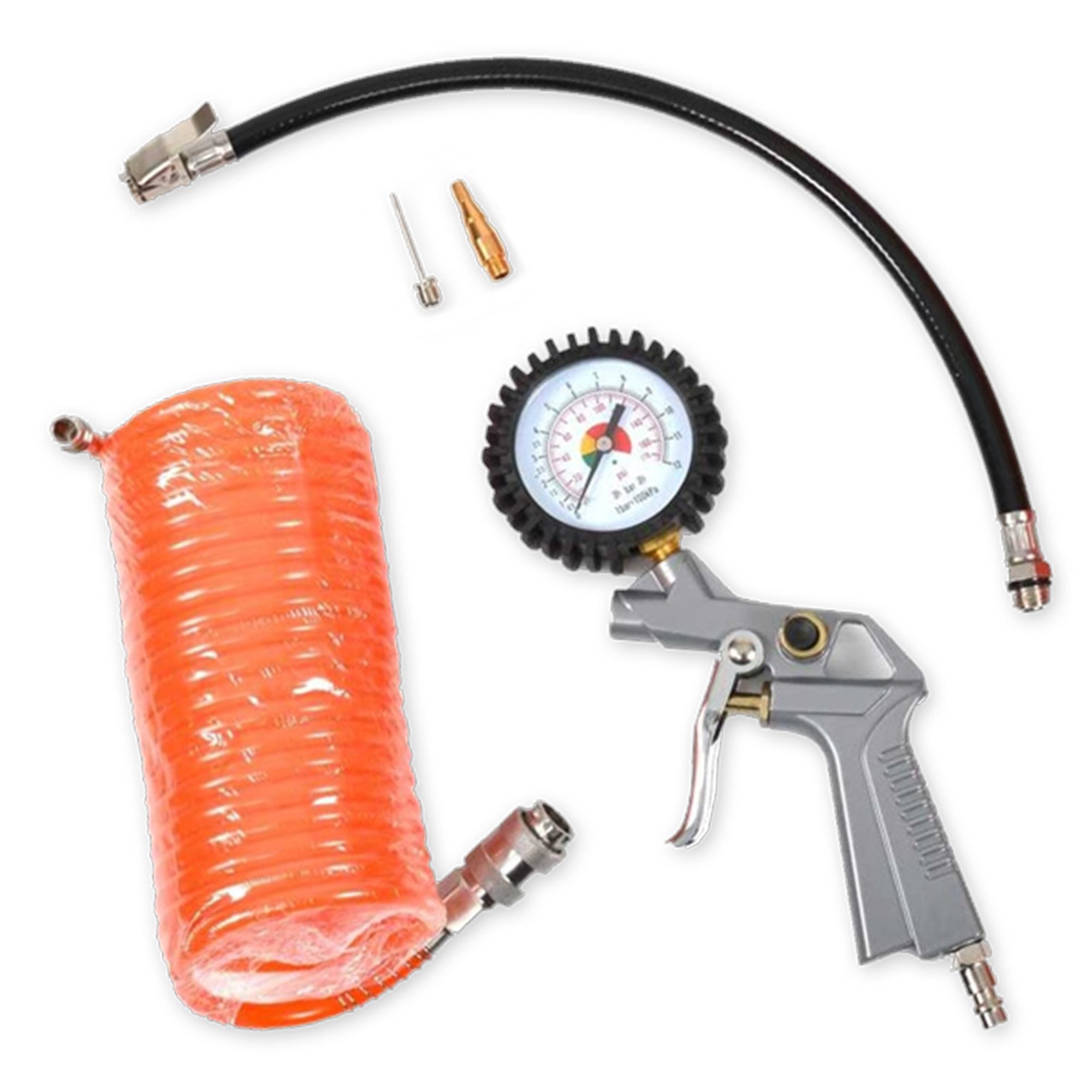Hecht Reifenfüllmessgerät 002024 Kompressor Zubehör Set, Zubehörset, 5-tlg., Reifenpistole, Spiralschlauch 5 m, Adapter für Bälle & Spielzeug, Druckluft-Set mit Spiralschlauch, Reifenpistole & Adaptern